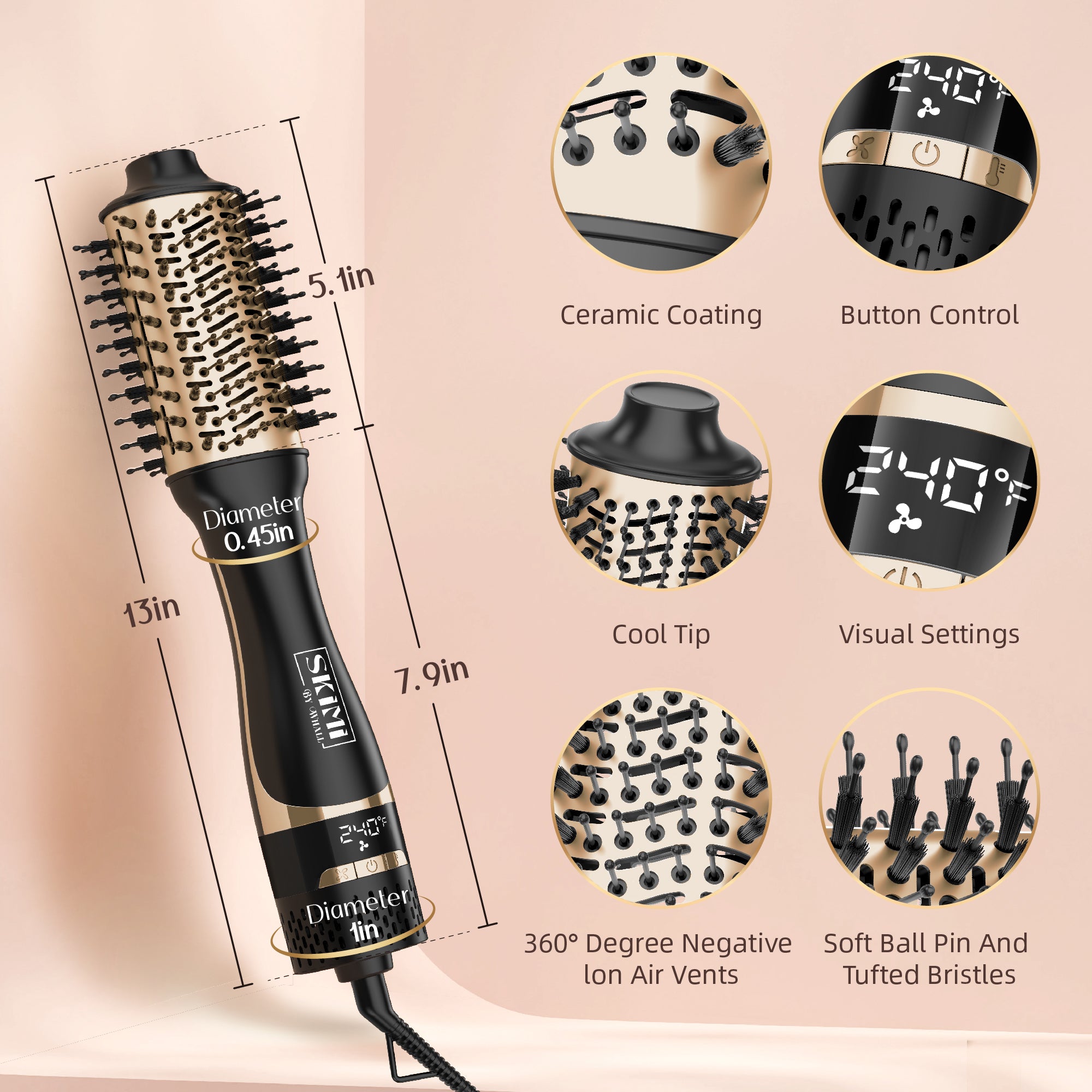 SKIMI Hair Dryer Brush,Blow Dryer Brush in One, Hot Air Dryer,Display Screen,Ceramic Barrel,Black