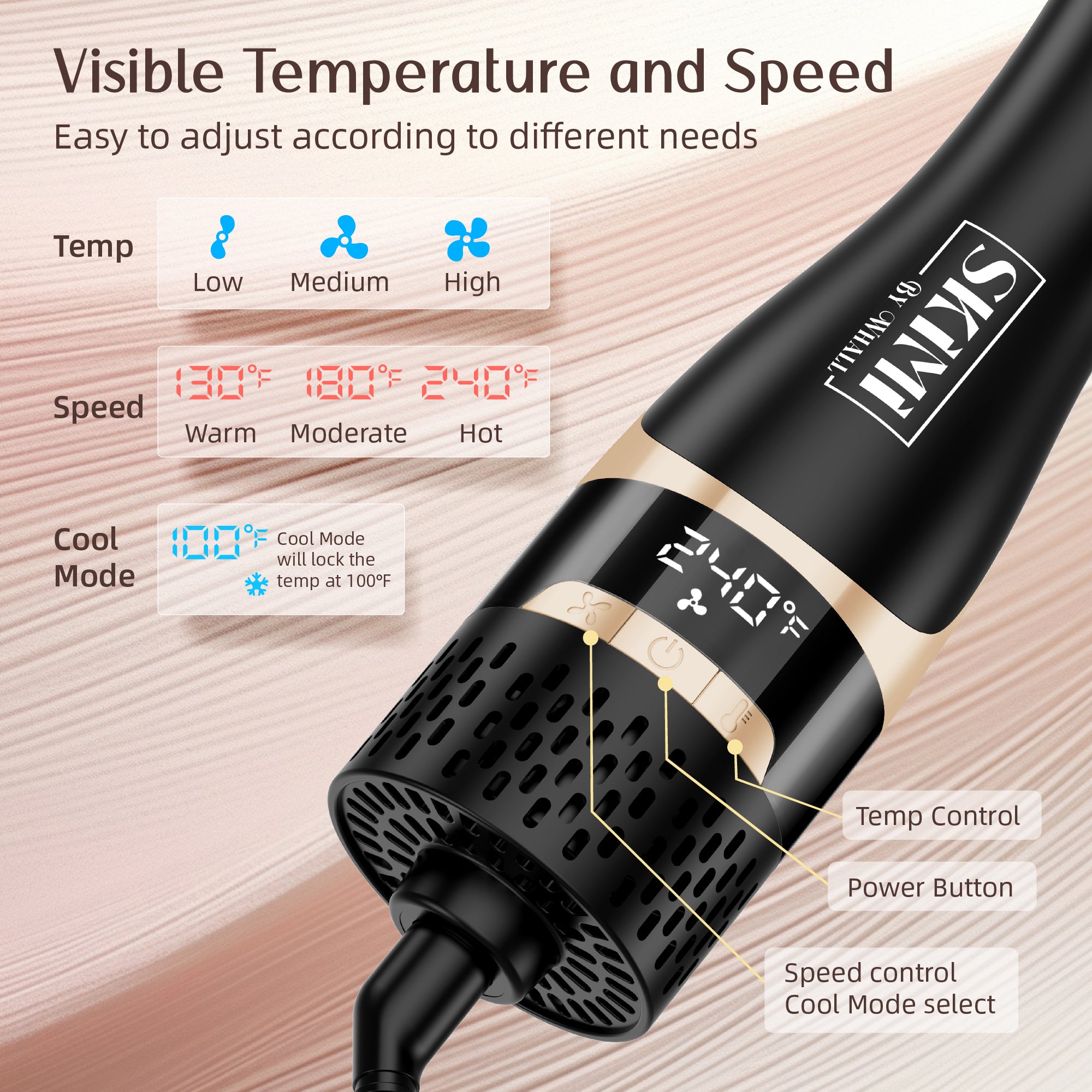 SKIMI Hair Dryer Brush,Blow Dryer Brush in One, Hot Air Dryer,Display Screen,Ceramic Barrel,Black