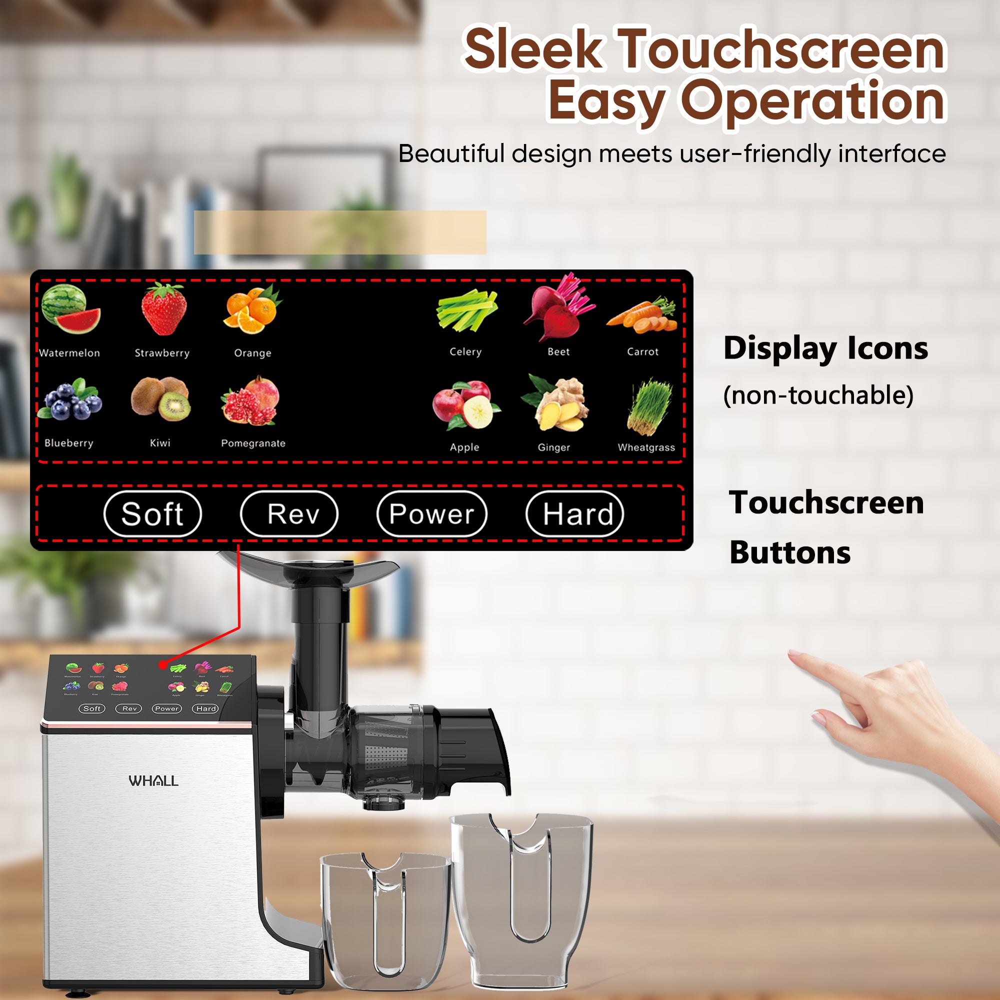 WHALL® Slow Masticating Juicer - Cold Press Juicer Machine with Touchscreen, Reverse Function, Soft & Hard Models, Quiet Motor