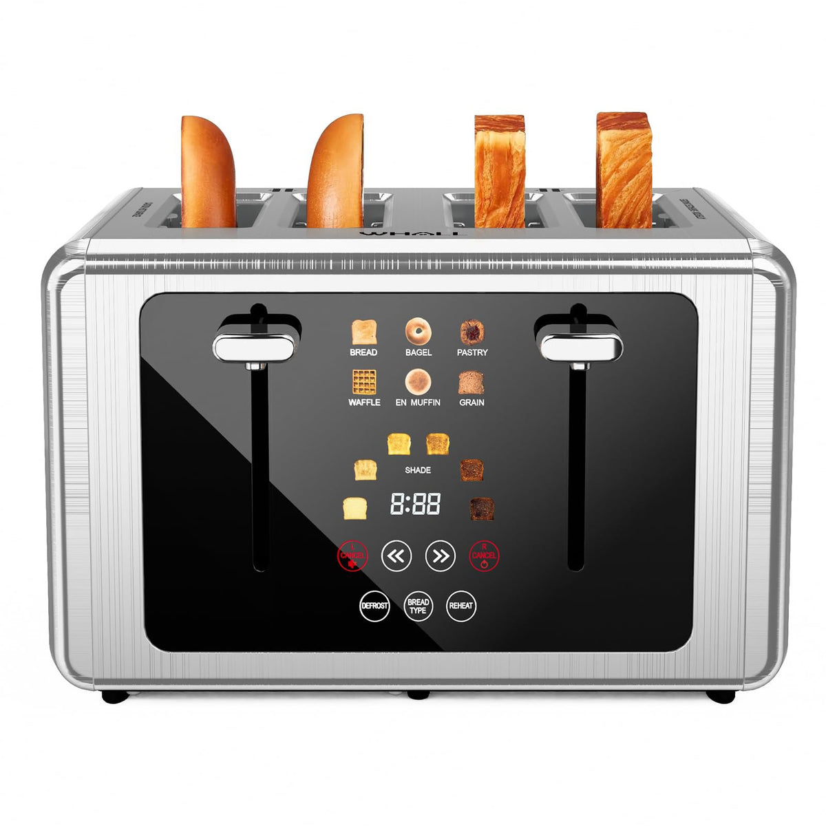 WHALL 4 Slice Touchscreen Toaster Stainless Steel with Digital Timer Multiple Bread Types and Shade Settings