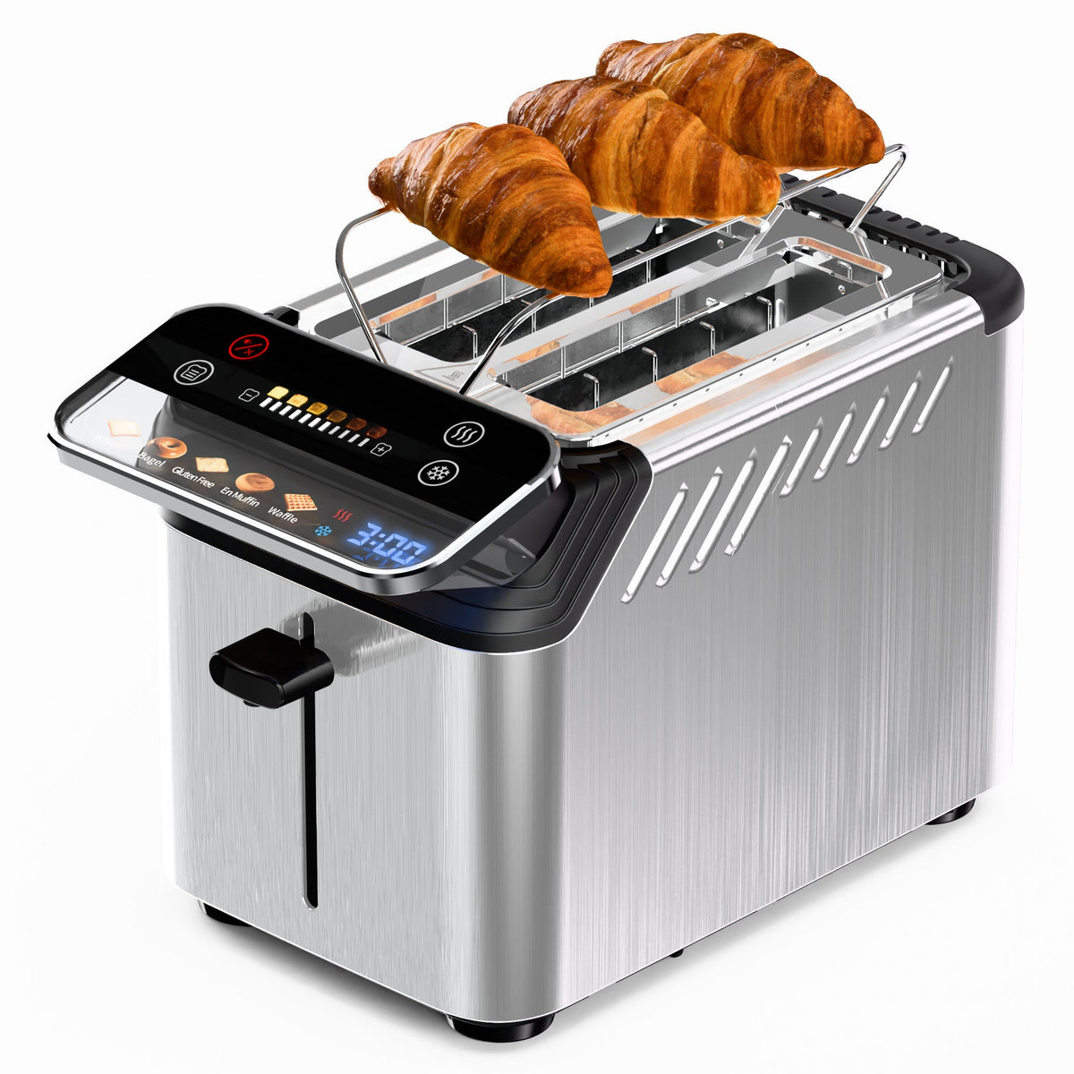 WHALL 2 Slice Stainless Steel Touchscreen Toaster 6 Shade Settings 6 Bread Types Digital Timer Extra Wide Slot