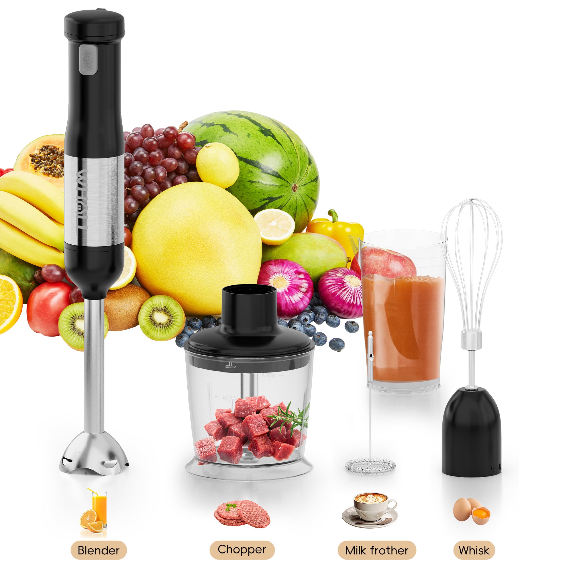 WHALL Cordless Handheld Blender, Rechargeable Immersion Blender with Whisk, Milk Frother Attachments, Portable Stick mixed,700ml Beaker, 500ml Chopper