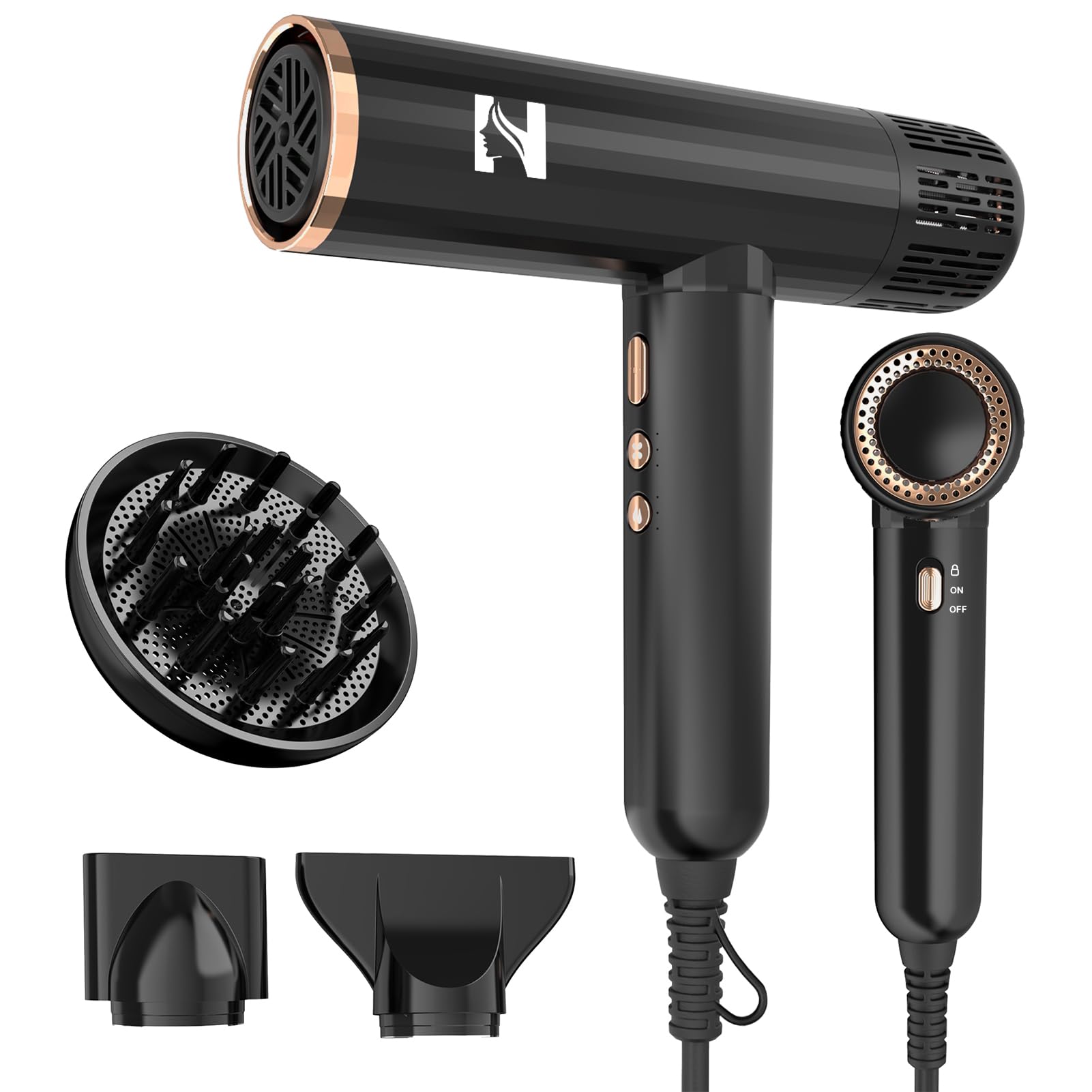Nicebay Ionic Professional Hair Dryer with Diffuser for Curly Hair,1600W&110000RPM High Speed Blow Dryer for Women,Fast Drying,Lock Function,Low Noise,Lightweight for Travel Salon