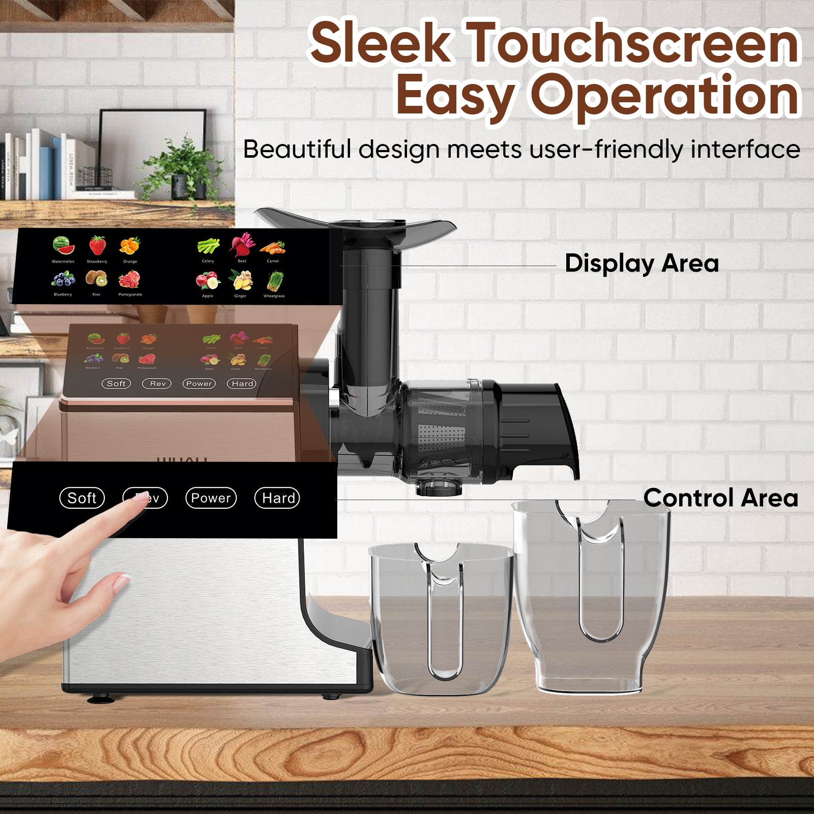 WHALL® Slow Masticating Juicer - Cold Press Juicer Machine with Touchscreen, Reverse Function, Soft & Hard Models, Quiet Motor