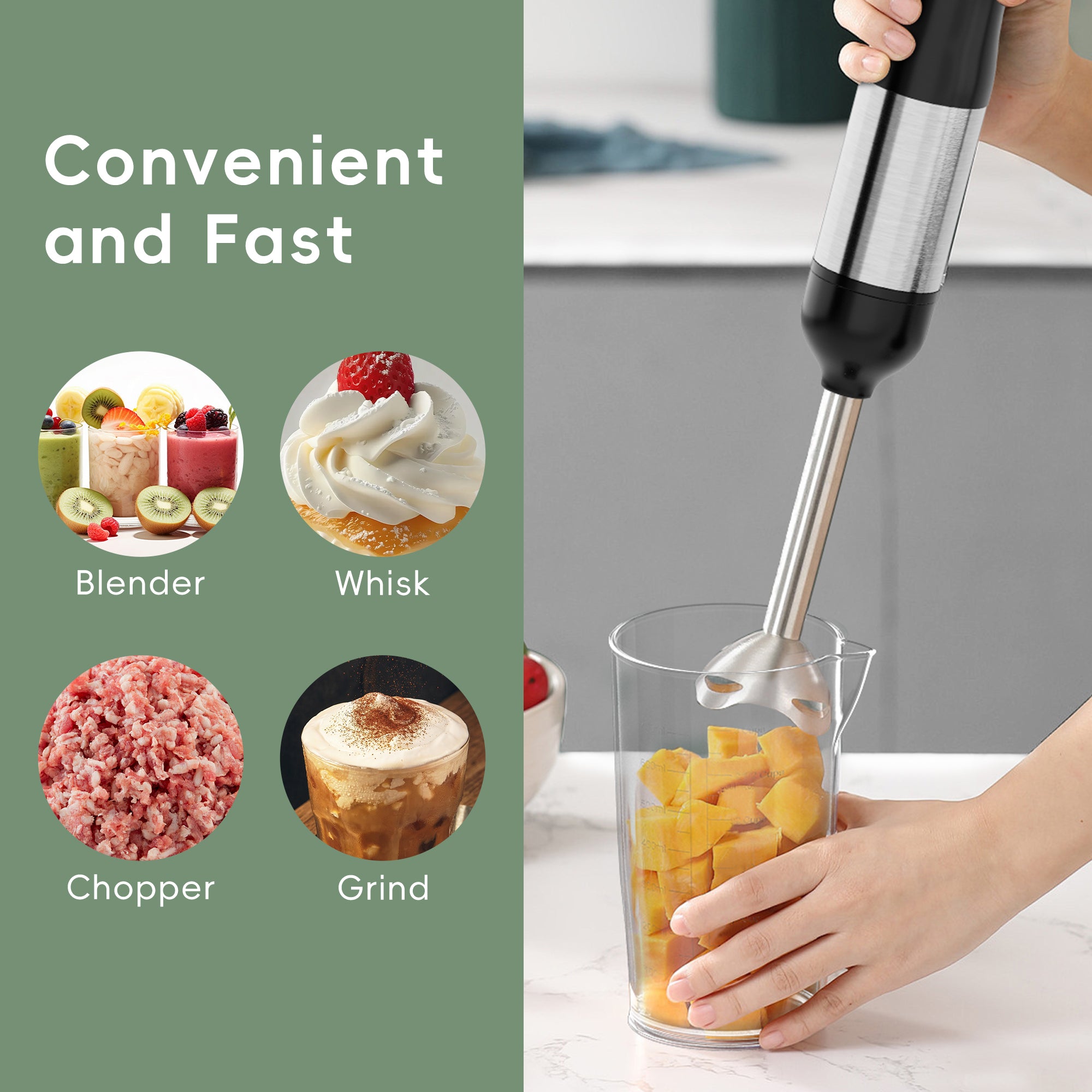 WHALL Cordless Handheld Blender, Rechargeable Immersion Blender with Whisk, Milk Frother Attachments, Portable Stick mixed,700ml Beaker, 500ml Chopper