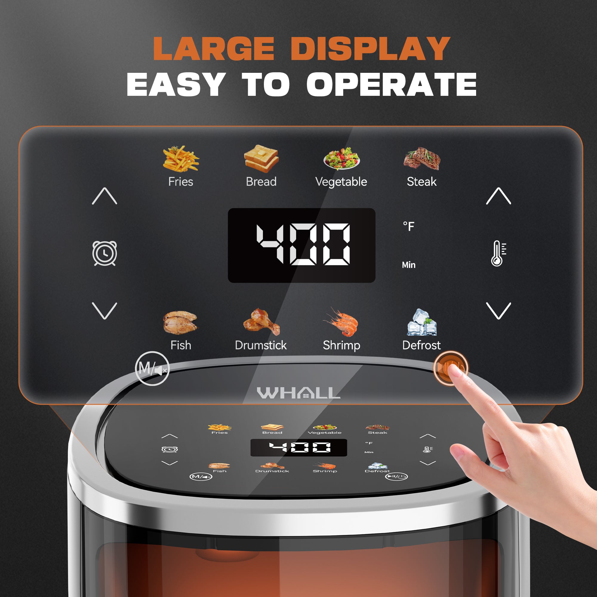 WHALL 4QT Air Fryer Oven, 8-in-1 Preset Menus, LED Smart Touchscreen, Reduce 85% Fat,1200W