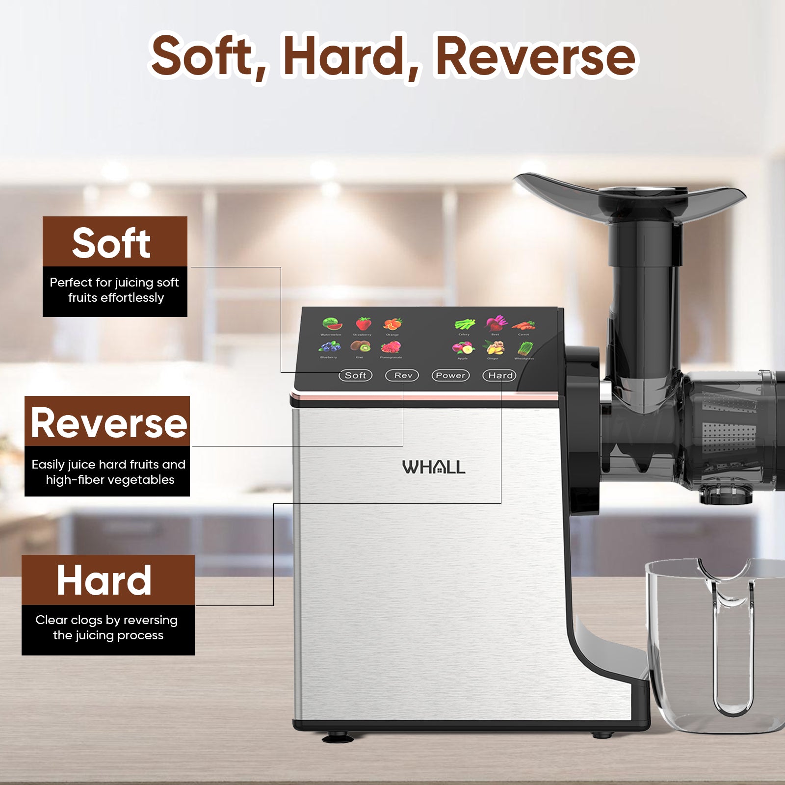 WHALL® Slow Masticating Juicer - Cold Press Juicer Machine with Touchscreen, Reverse Function, Soft & Hard Models, Quiet Motor