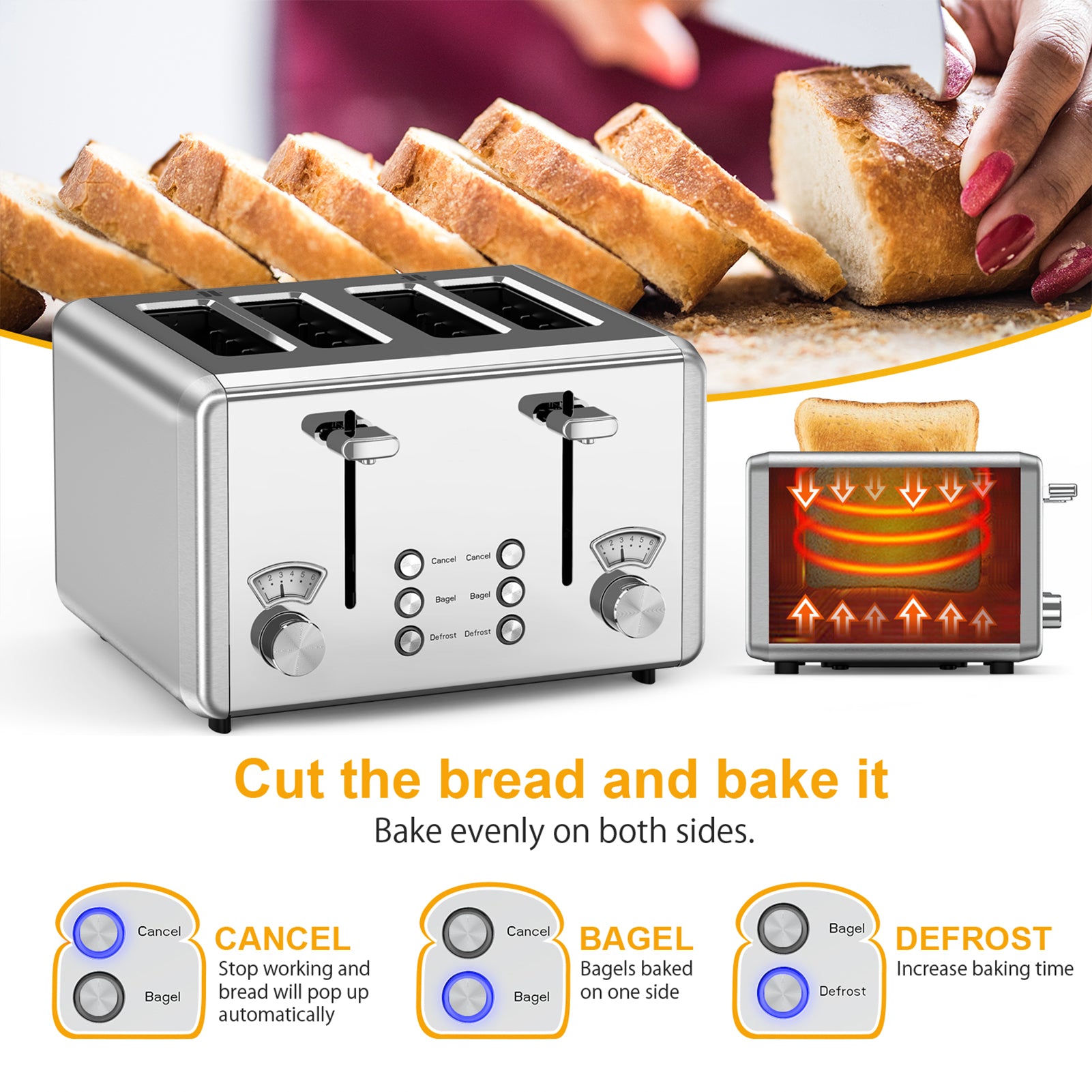 WHALL 4 Slice Toaster - Stainless Steel Bagel Toaster with Dual Control Panels, Wide Slot, 6 Shade Settings, Removable Crumb Tray