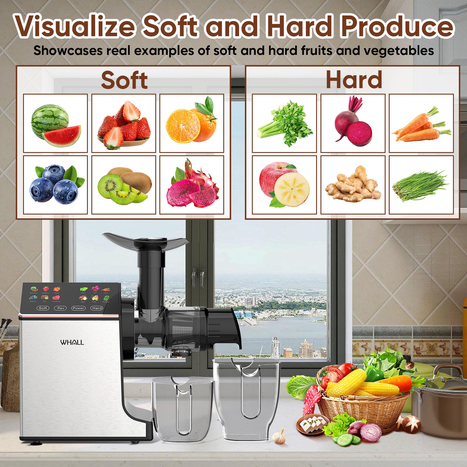 WHALL® Slow Masticating Juicer - Cold Press Juicer Machine with Touchscreen, Reverse Function, Soft & Hard Models, Quiet Motor