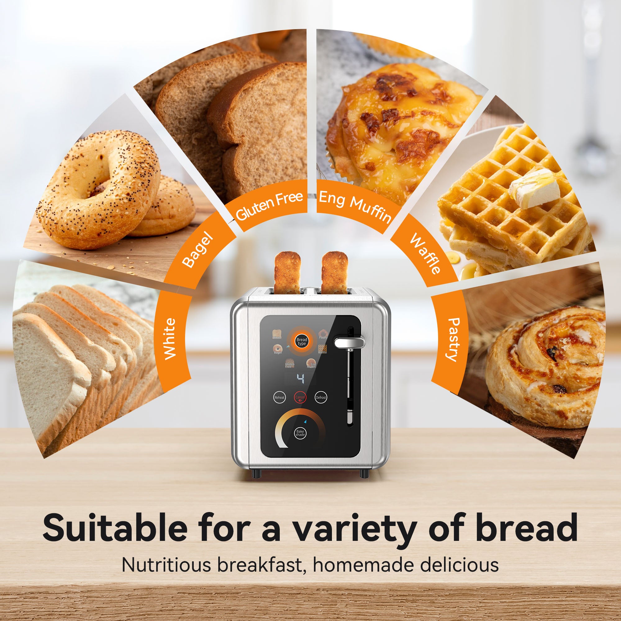 WHALLULTRA Touchscreen Toaster 2 Slice, Stainless Steel, Warming Rack, Wide Slots, Bagel, Defrost, 850W