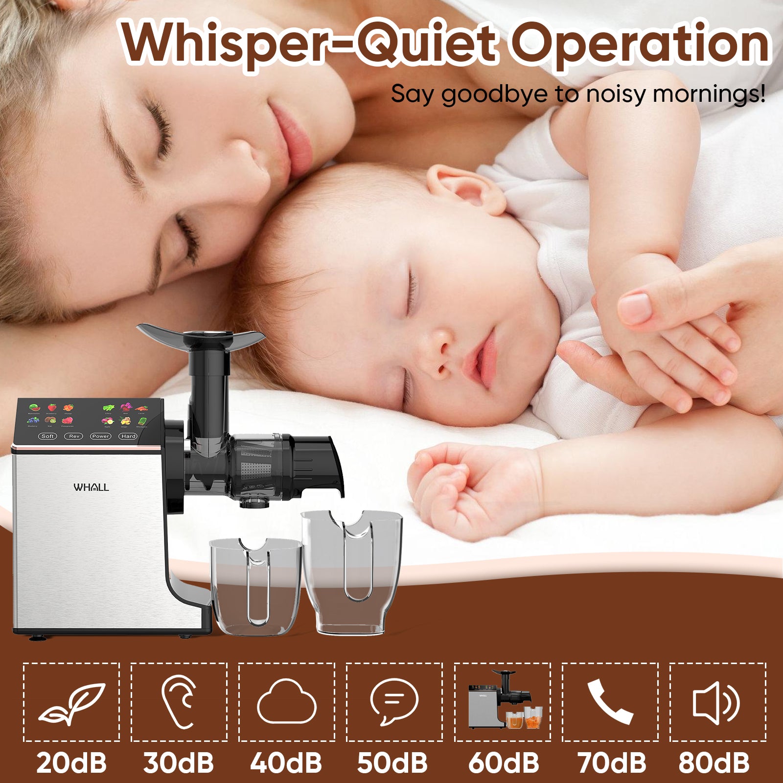 WHALL® Slow Masticating Juicer - Cold Press Juicer Machine with Touchscreen, Reverse Function, Soft & Hard Models, Quiet Motor