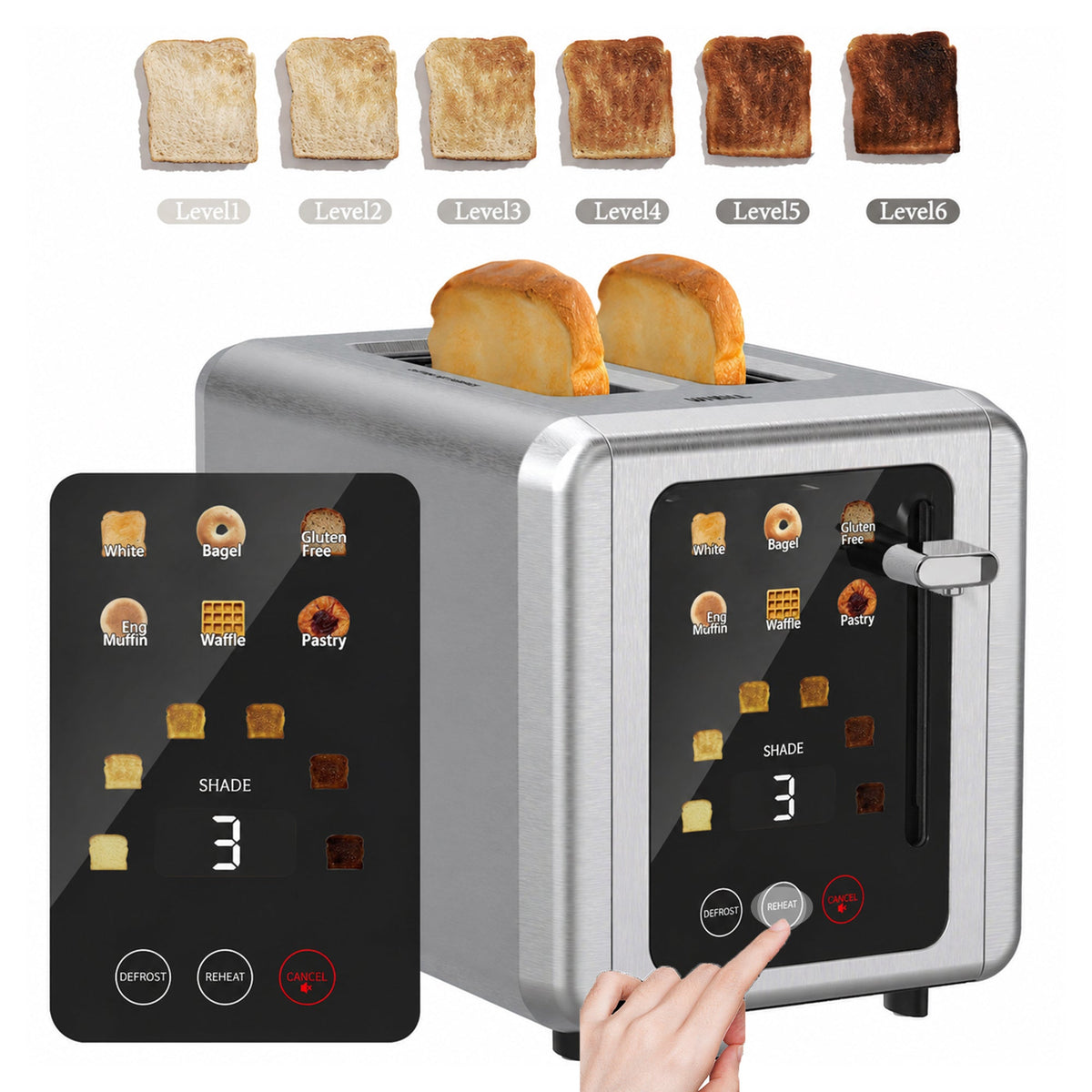 WHALL 2 Slice Stainless Steel Touchscreen Toaster 6 Shade Settings 6 Bread Types Digital Timer Extra Wide Slot