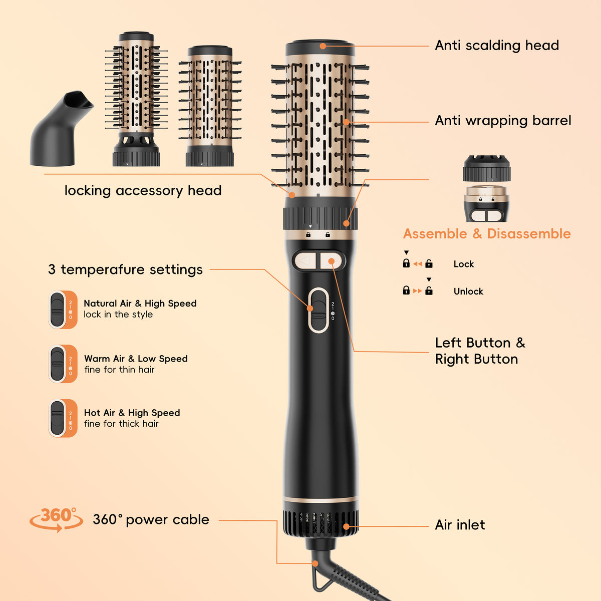 SKIMI Rotating Hair Dryer Brush, Auto Rotating Blow Dryer Brush Spinning, Negative Ionic Brush Blow Dryer, Round Brush Blow Dryer Volumize Curling