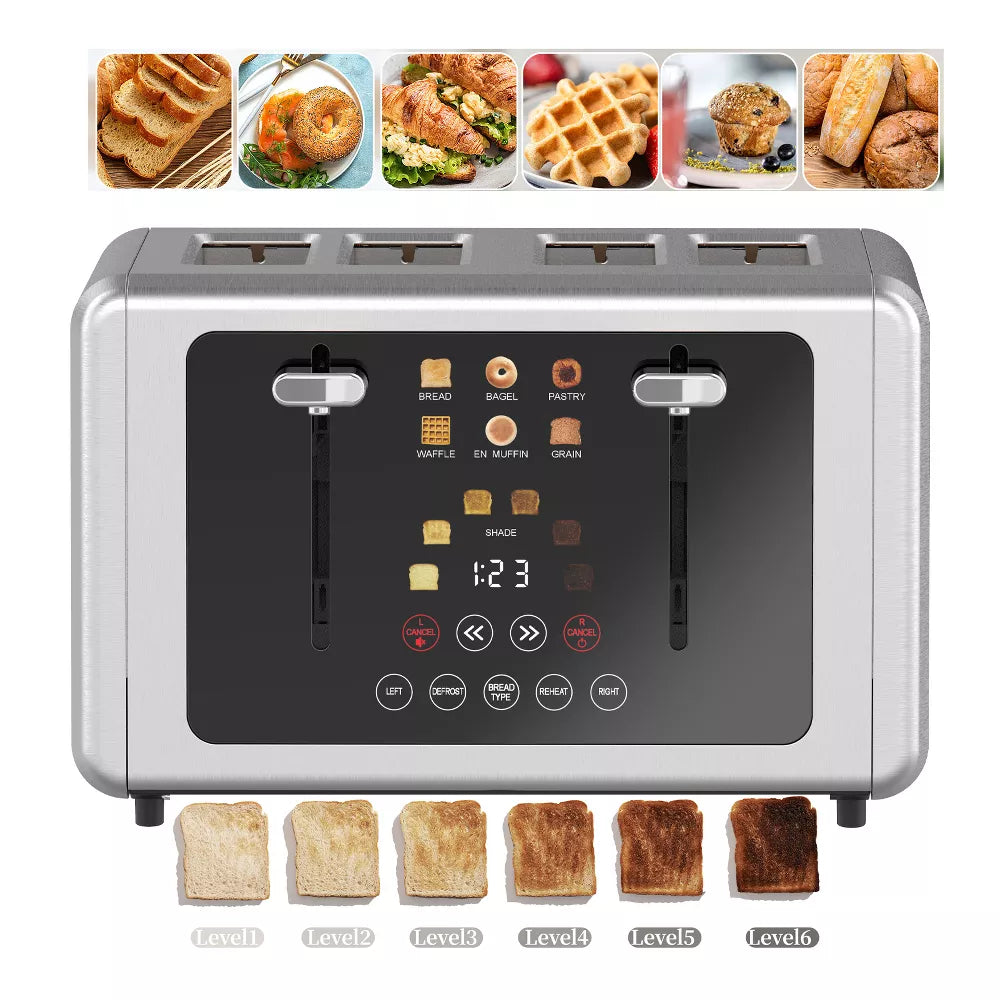 WHALL 4-Slice Toaster, Touchscreen Dual Independent Controls, 5 Basic Functions & Digital Timer, Dual Controls