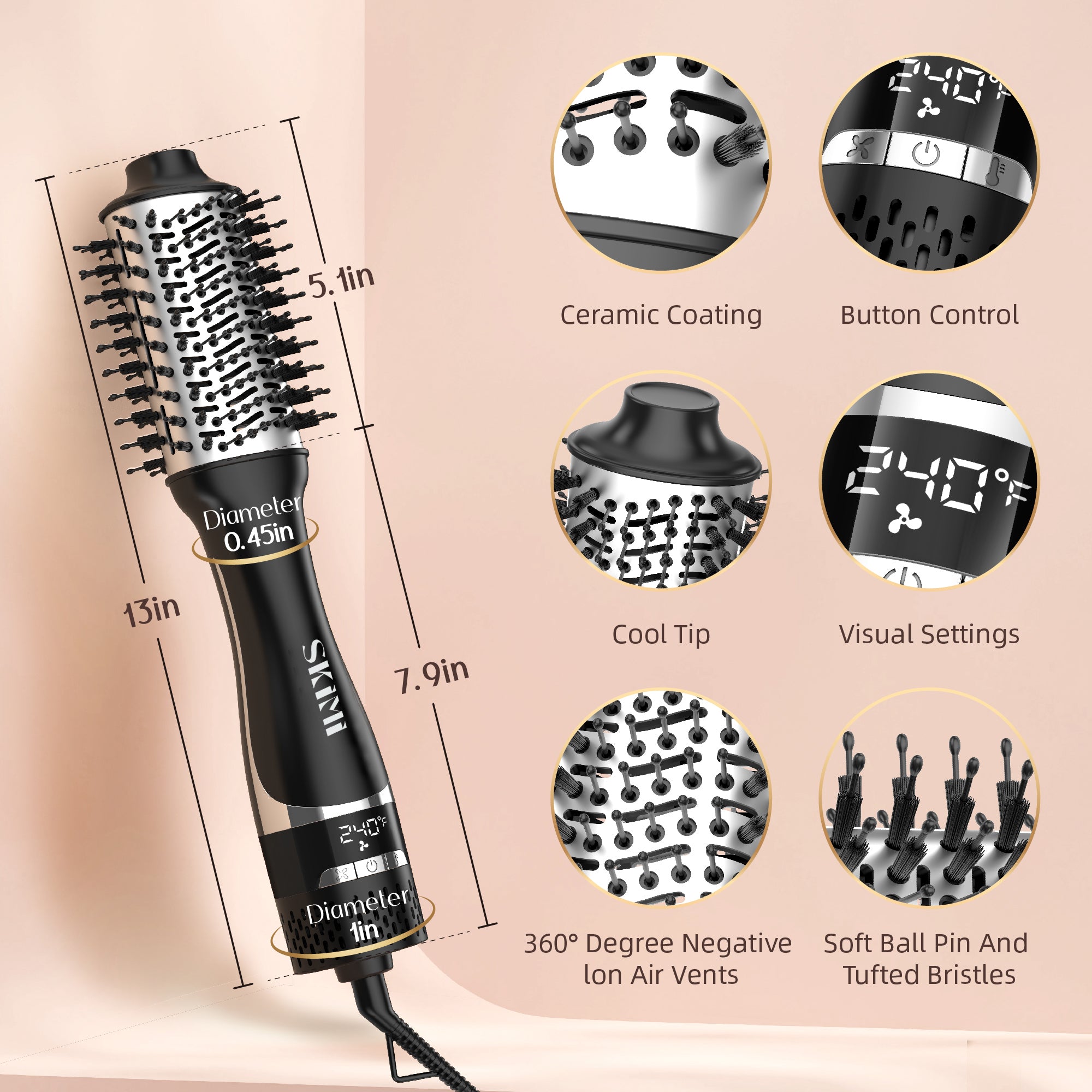 SKIMI Hair Dryer Brush Blow Dryer Brush in One, Hot Air Dryer,Display Screen,Ceramic Barrel