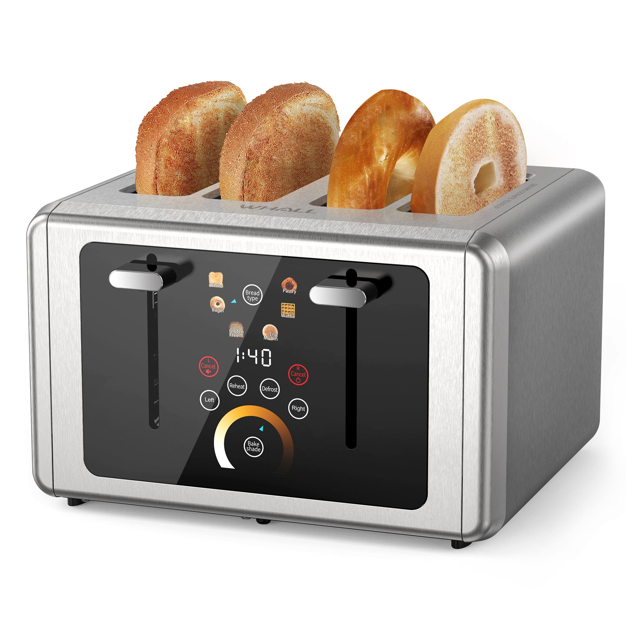 WHALL Touchscreen Toaster 4 Slice - Stainless Steel Toaster, 6 Shade Settings, Extra Wide Slots Toaster with Bagel, Cancel, Defrost Functions