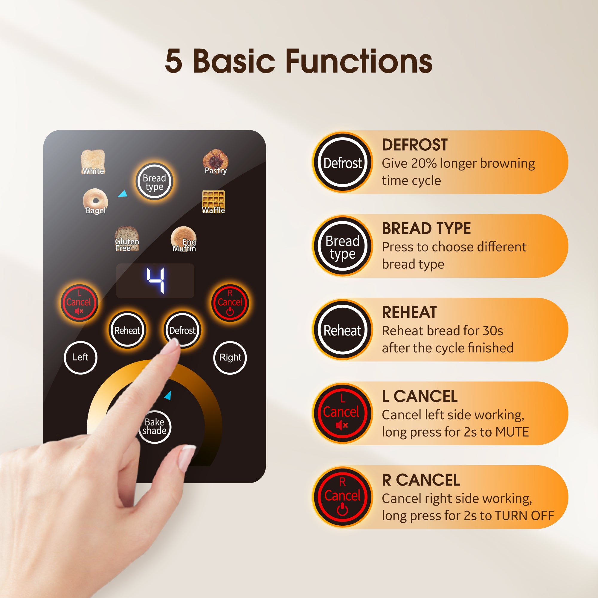WHALL Touchscreen Toaster 4 Slice - Stainless Steel Toaster, 6 Shade Settings, Extra Wide Slots Toaster with Bagel, Cancel, Defrost Functions