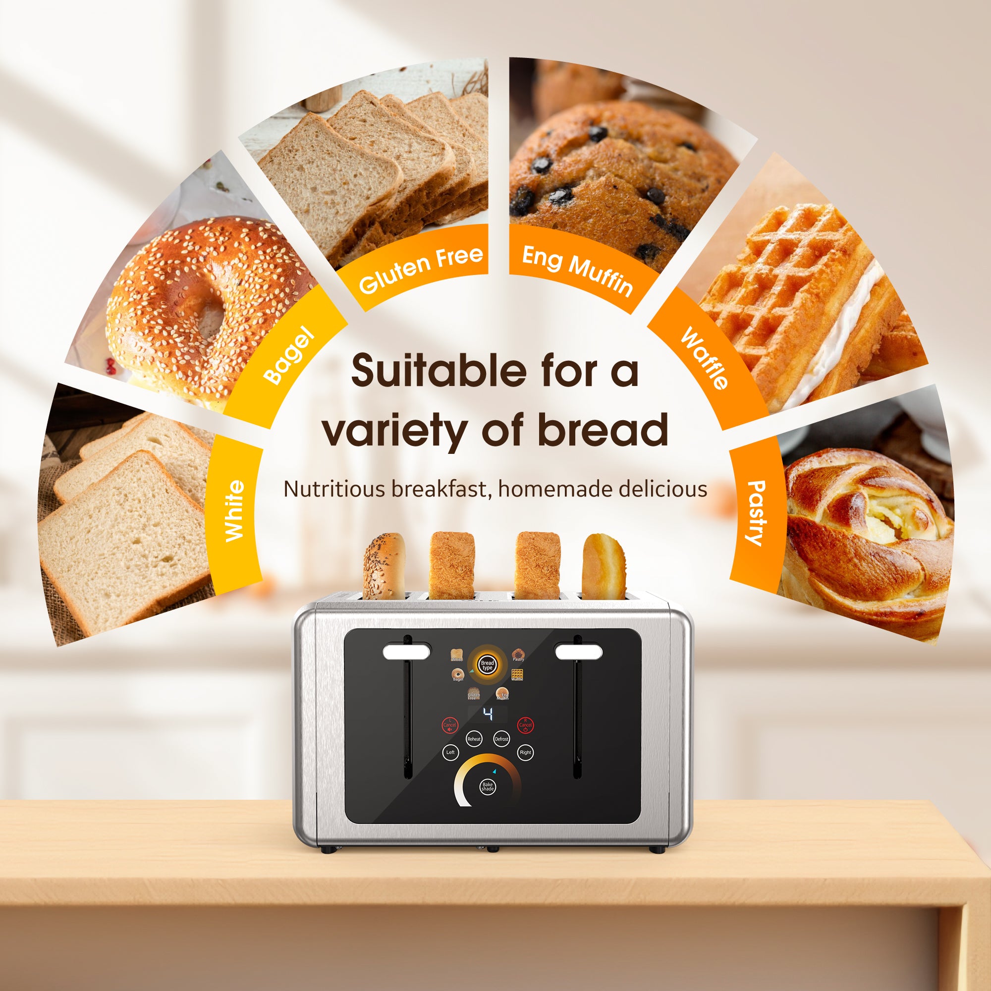 WHALL Touchscreen Toaster 4 Slice - Stainless Steel Toaster, 6 Shade Settings, Extra Wide Slots Toaster with Bagel, Cancel, Defrost Functions