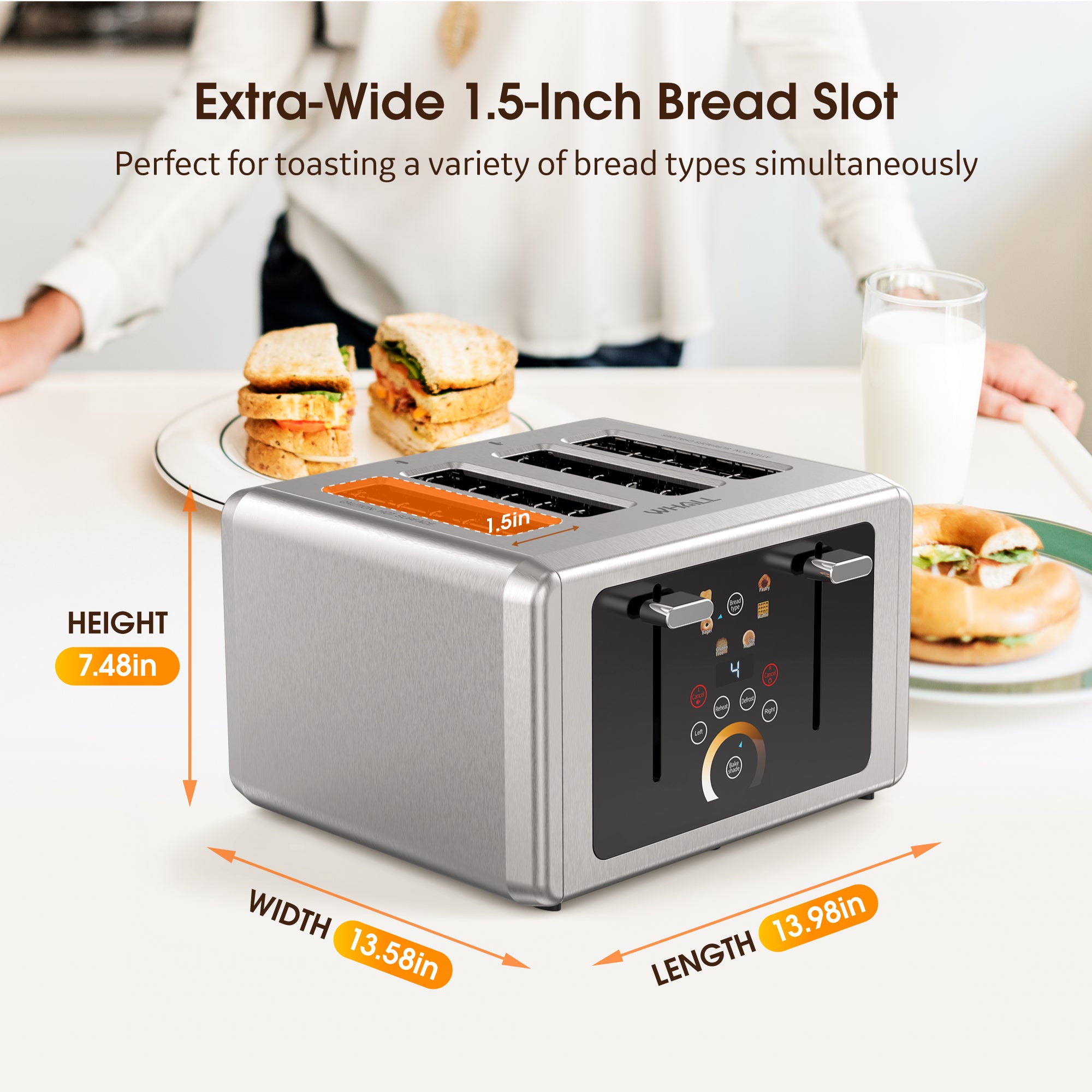 WHALL Touchscreen Toaster 4 Slice - Stainless Steel Toaster, 6 Shade Settings, Extra Wide Slots Toaster with Bagel, Cancel, Defrost Functions