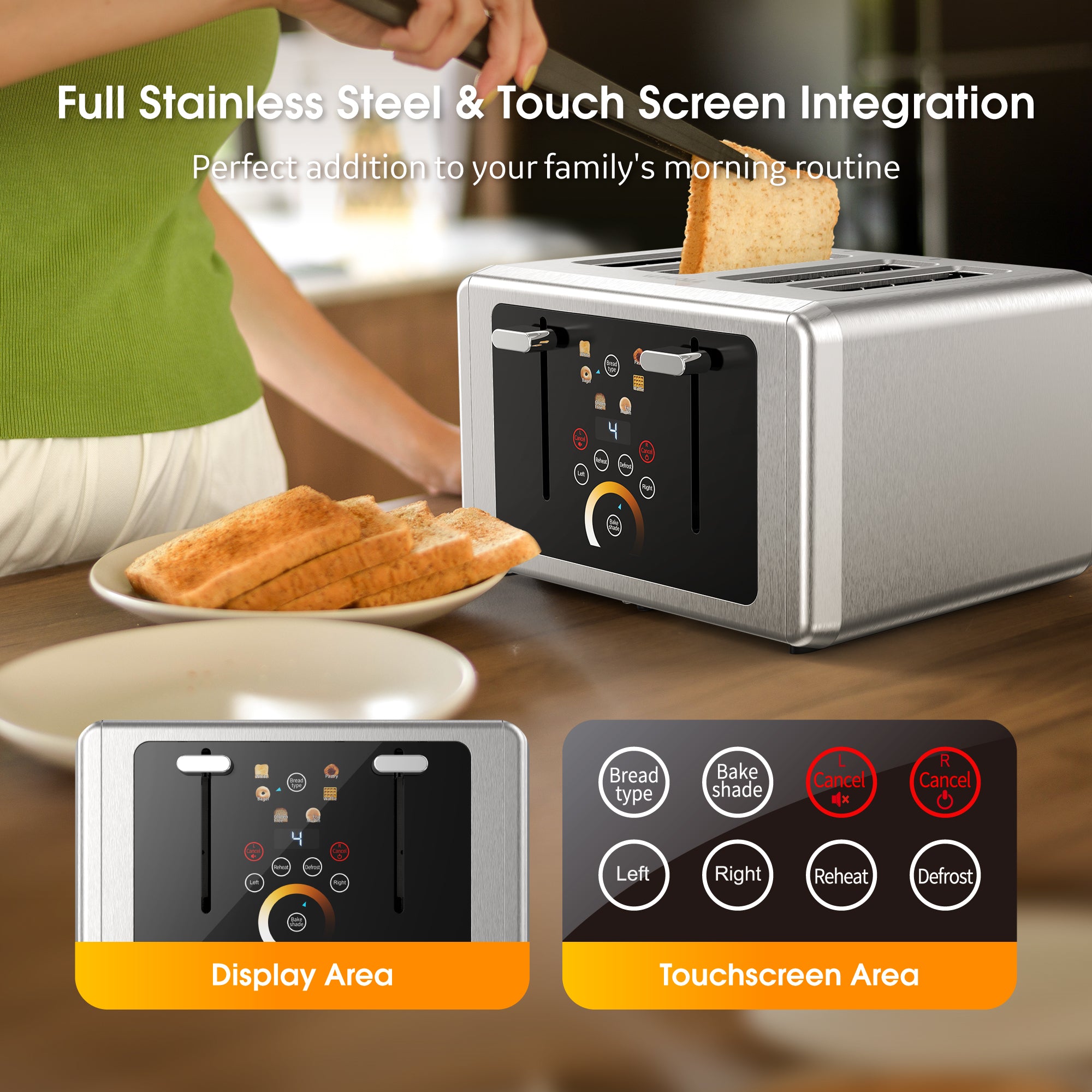 WHALL Touchscreen Toaster 4 Slice - Stainless Steel Toaster, 6 Shade Settings, Extra Wide Slots Toaster with Bagel, Cancel, Defrost Functions