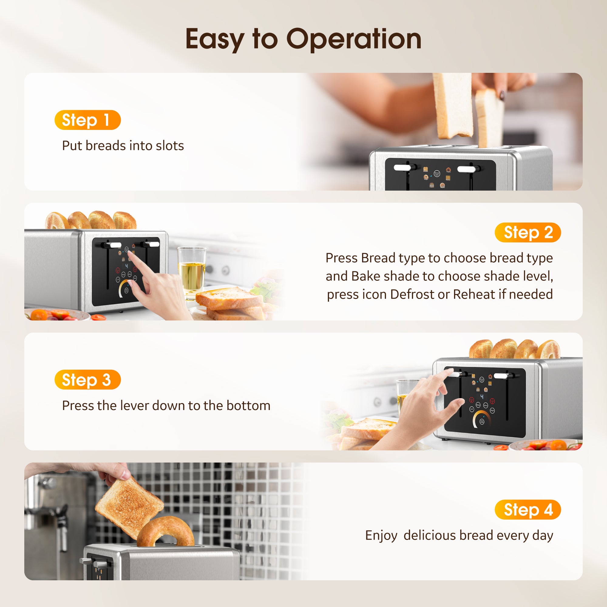 WHALL Touchscreen Toaster 4 Slice - Stainless Steel Toaster, 6 Shade Settings, Extra Wide Slots Toaster with Bagel, Cancel, Defrost Functions