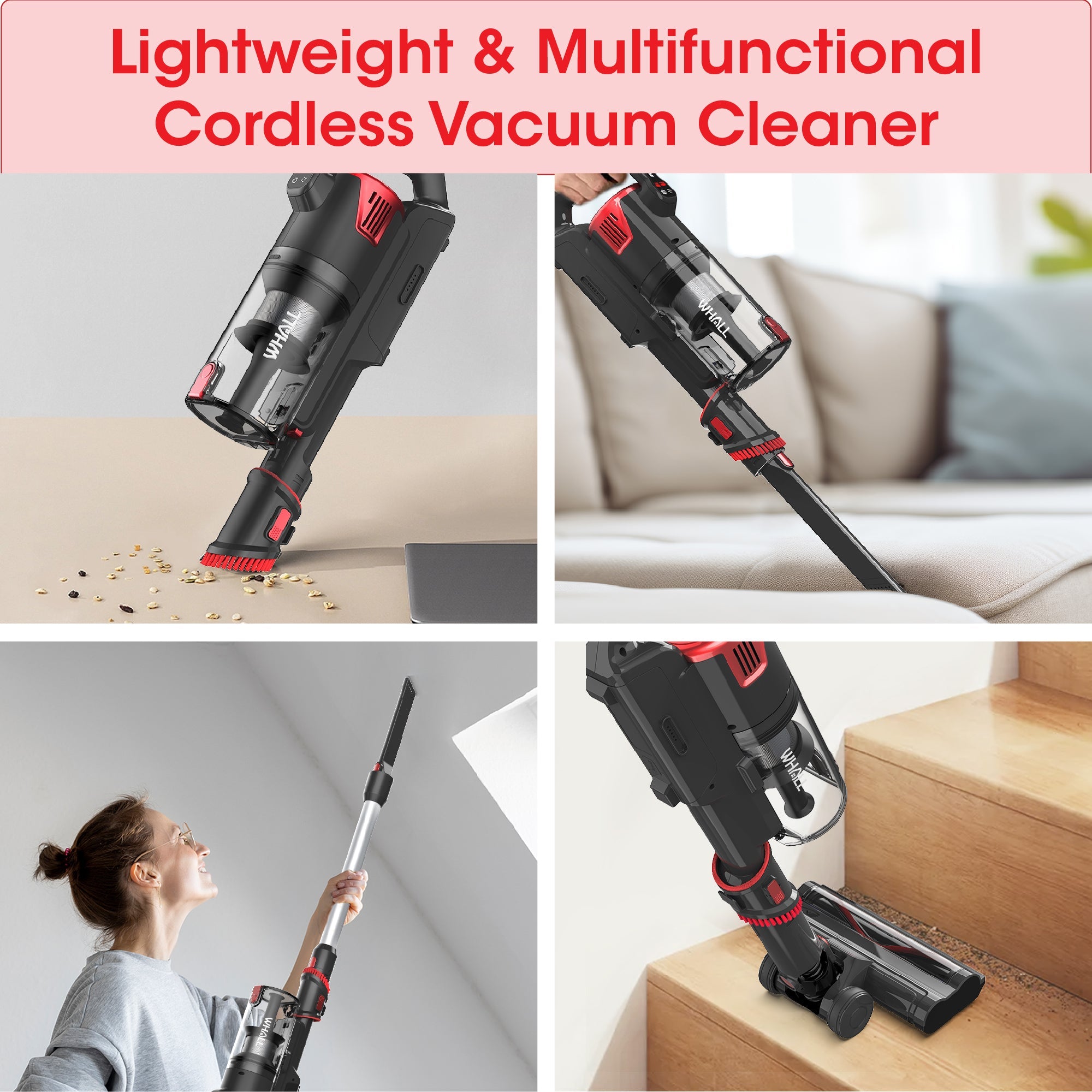 WHALL Cordless Vacuum Cleaner, Lightweight Stick Vacuum with LED Display & Multi-Functional Accessories