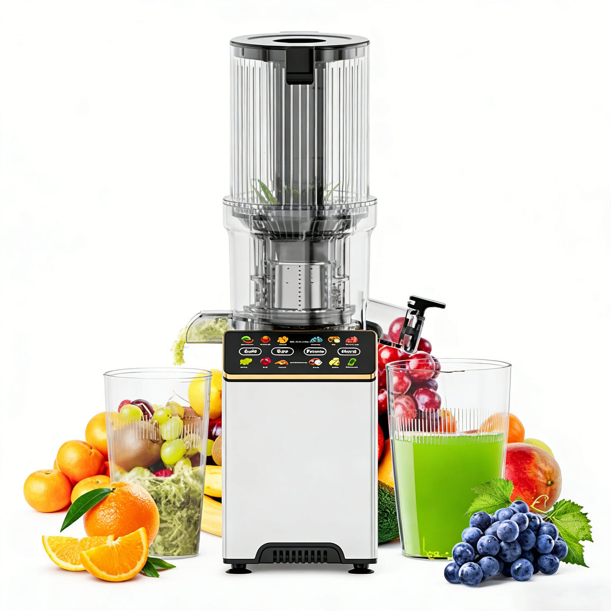 WHALL Cold Press Slow Masticating Juicer 4.5 inch Extra Large Feed Chute Touchscreen Reverse Function BPA Free