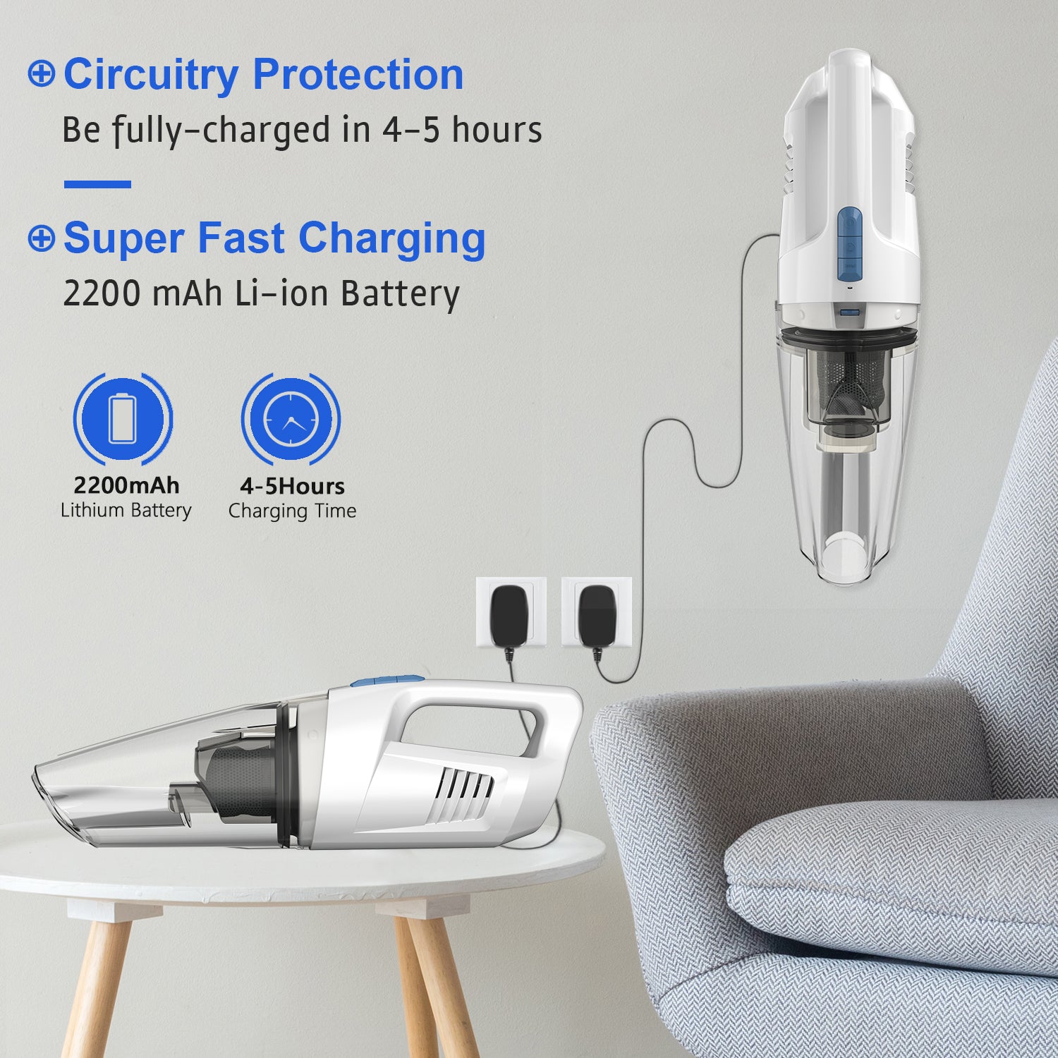 WHALL Cordless Handheld Vacuum, Wet/Dry 2-in-1, 8500PA Powerful Suction, LED Light, Ultra Lightweight & Portable