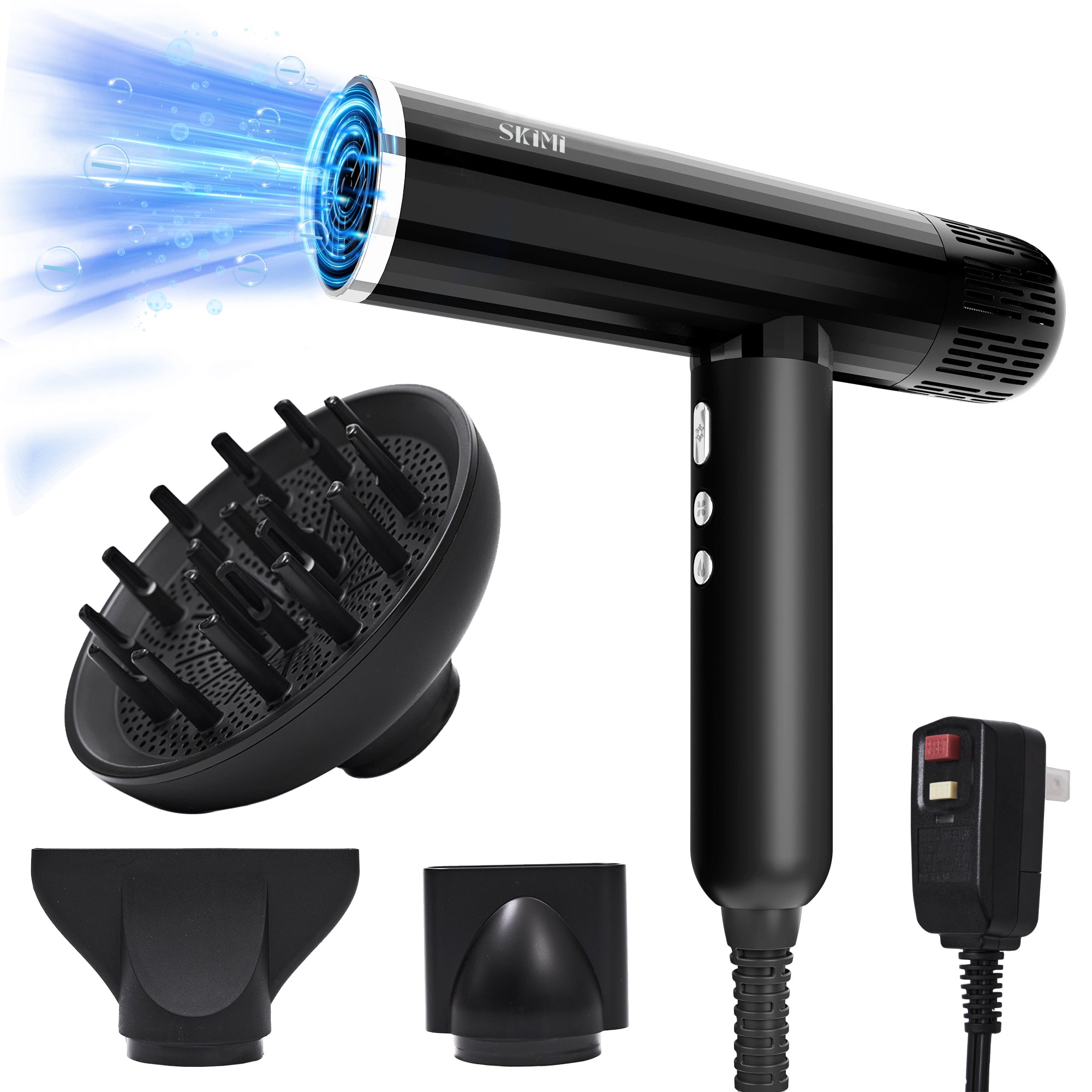 SKIMI Ionic Hair Dryer, Black Blow Dryer for Women , 110000RPM High Speed Hair Dryer with Diffuser