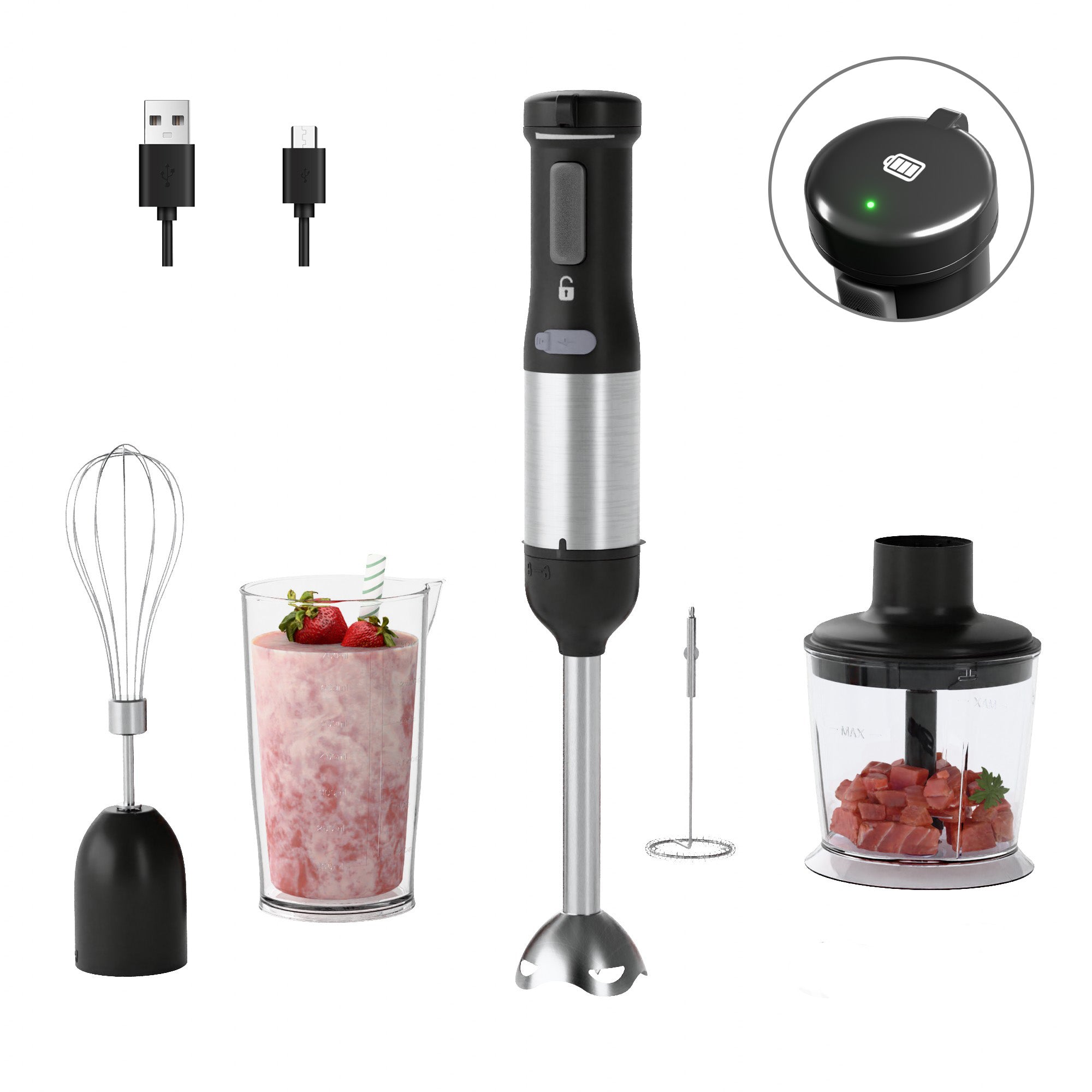 WHUTO Cordless Immersion Hand Blender, 5-in-1 Variable Speed blender handheld, 2000mAh Battery, Beaker,Chopper,Whisk & Milk Frother,Ink