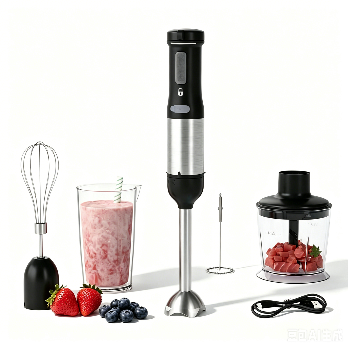 WHALL Cordless Hand Blender, 5-in-1 Immersion Blender with 2000mAh Battery, Beaker, Chopper, Whisk, Milk Frother