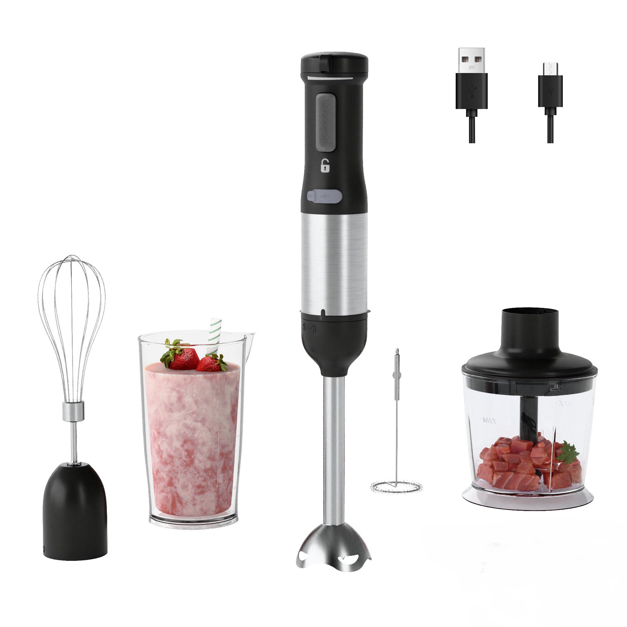 WHUTO Cordless Immersion Hand Blender, 5-in-1 Variable Speed blender handheld, 2000mAh Battery, Beaker,Chopper,Whisk & Milk Frother,Ebony
