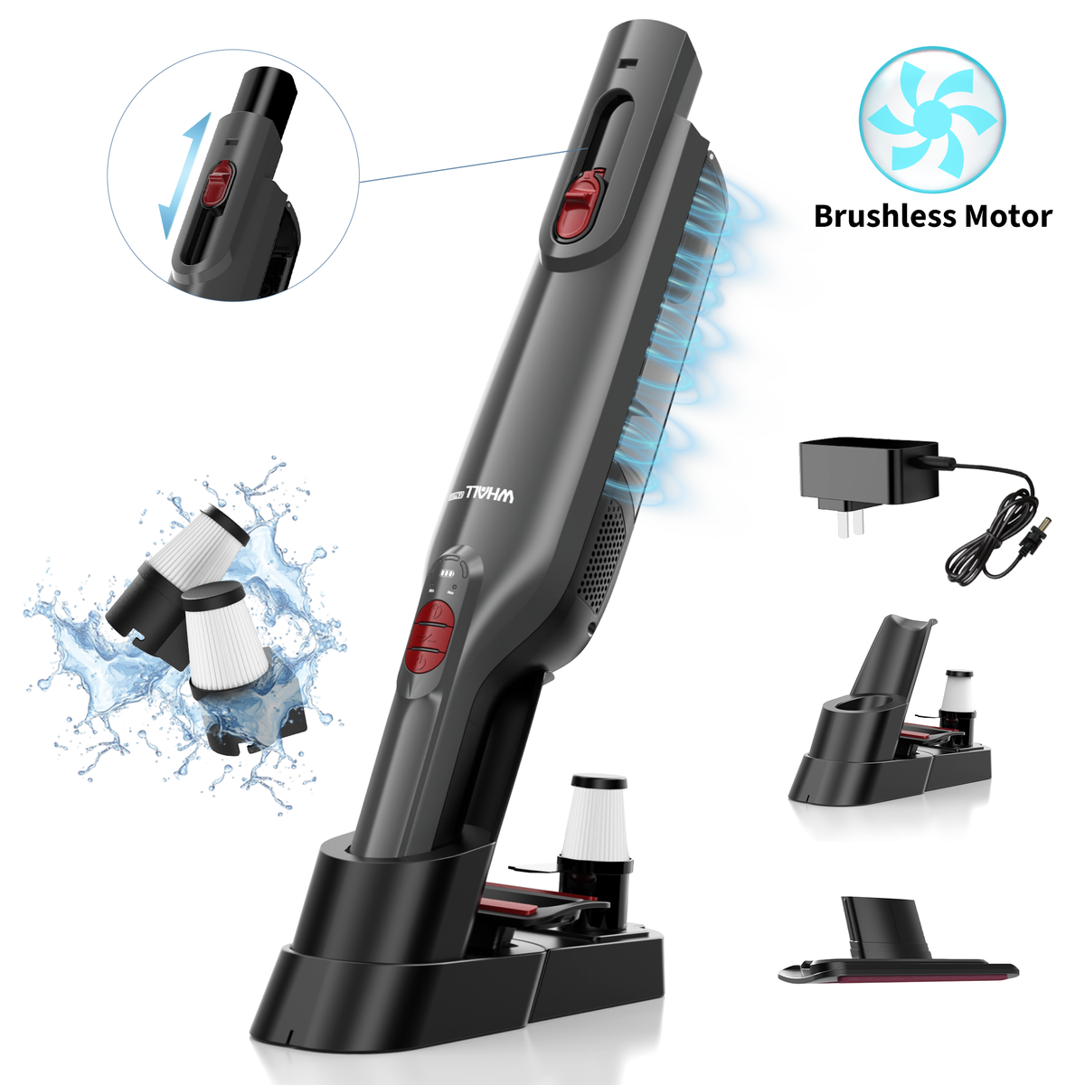 WHALL Portable Cordless Handheld Vacuum with Strong Suction and LED Light for Home Use