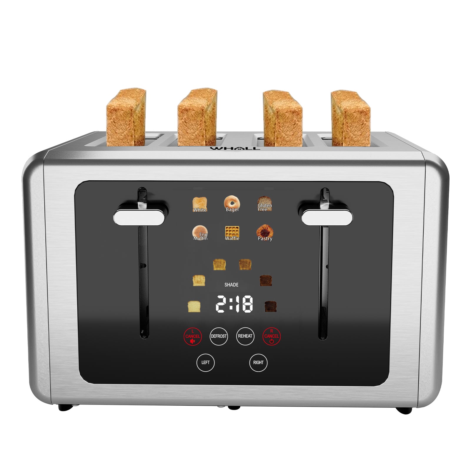 WHALL Touch Screen Toaster 4 Slice, Smart Digital Toaster with 1.5" Wide Slots, 6 Shade Settings & 6 Bread Types, Memory Function, Countdown Timer, Brushed Stainless, Ideal Kitchen