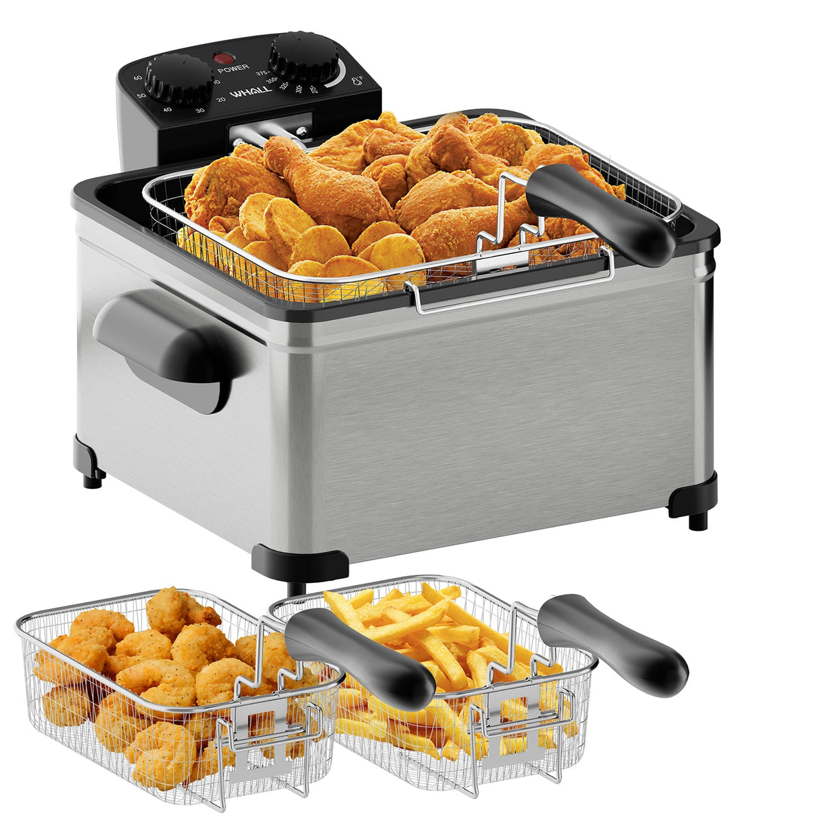WHALL 5.3QT Electric Deep Fryer 1700W Electric Oil Fryer Triple Baskets Adjustable Temp View Window Stainless Steel