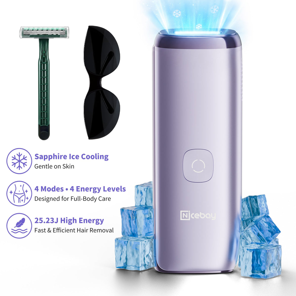 NICEBAY IPL Hair Removal Device – 4 Energy Modes with Sapphire Cooling – Hair Reduction at Home