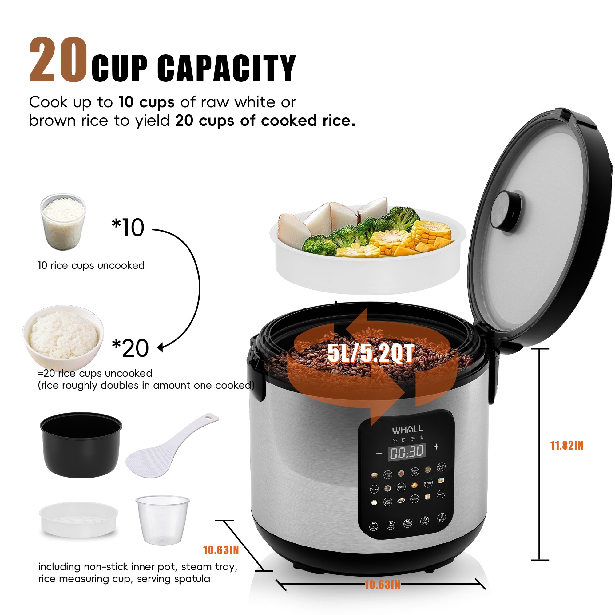 WHALL Digital Rice Cooker – 10-Cup Uncooked / 20-Cup Cooked Capacity, Multi-Function Steamer, Slow Cooker, Oatmeal Setting, Auto Keep Warm Feature, 5 Qt, Stainless Steel New