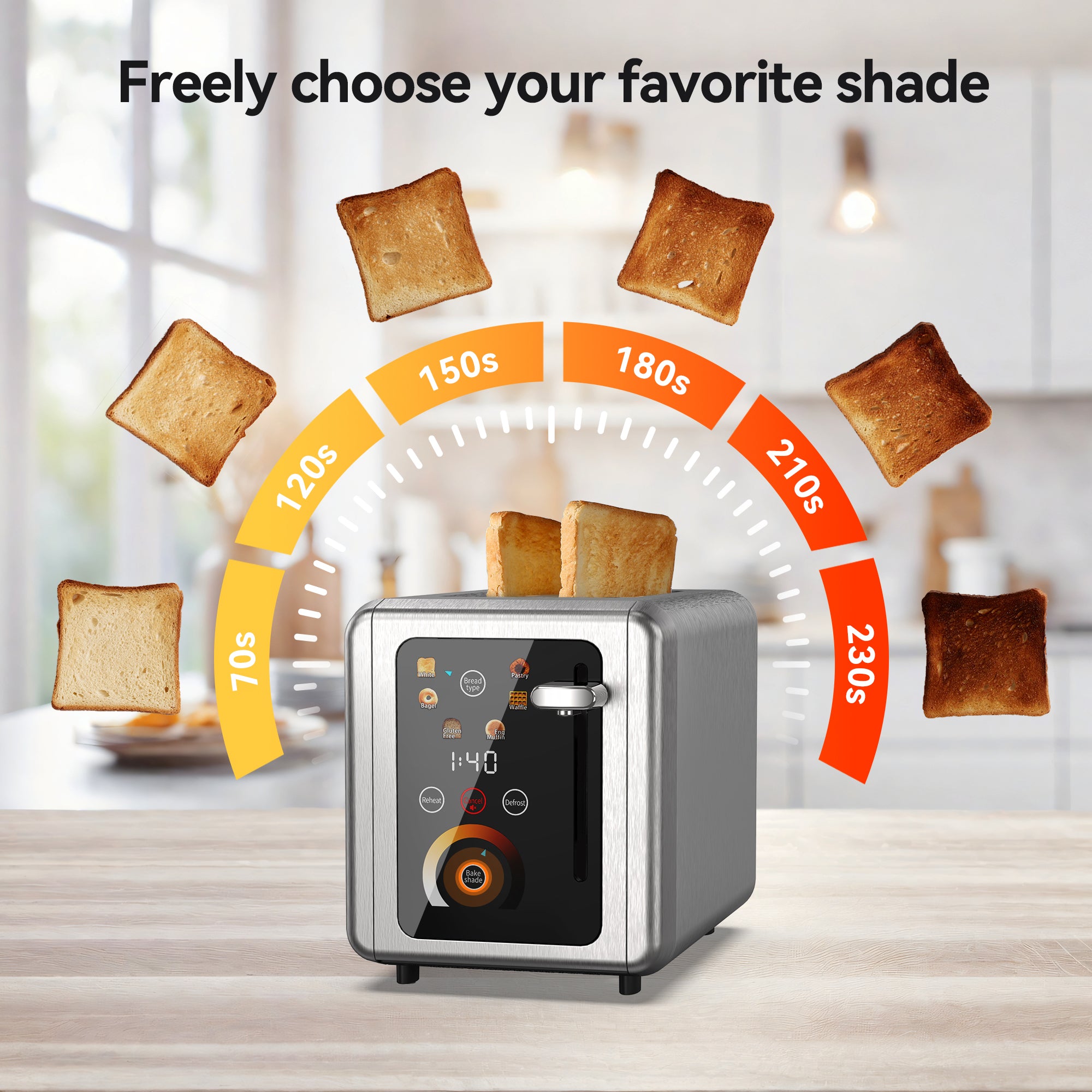 WHALLULTRA Touchscreen Toaster 2 Slice,  Stainless Steel, Warming Rack, Wide Slots, Bagel, Defrost, 850W
