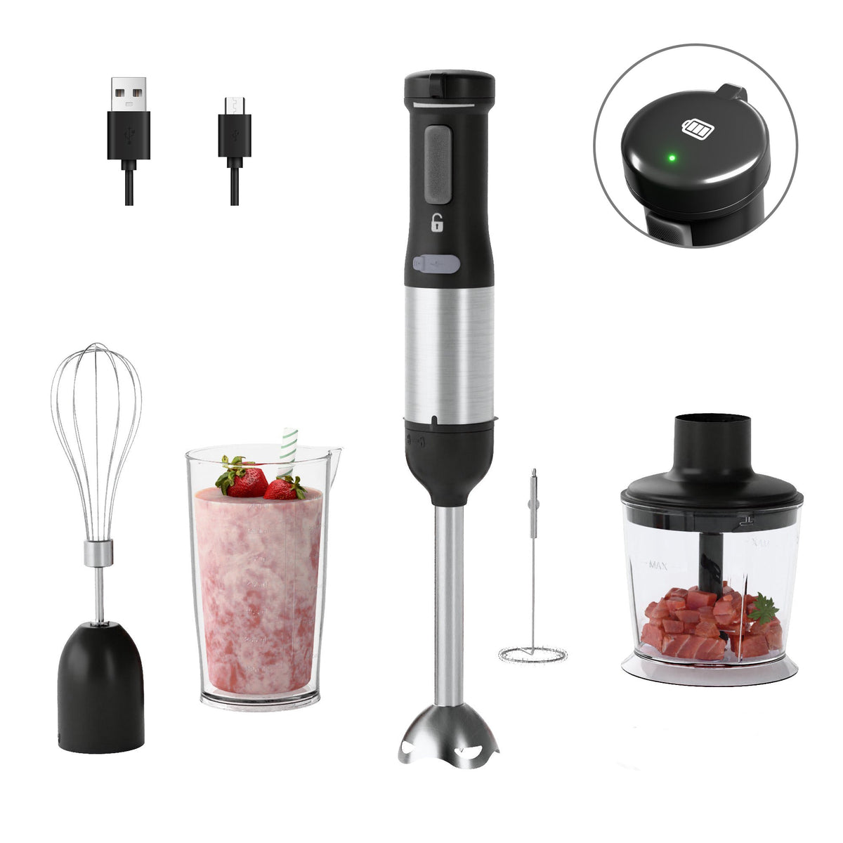 WHALL Cordless Hand Blender 5 in 1 Immersion Blender with 2000mAh Battery Beaker Chopper Whisk Milk Frother
