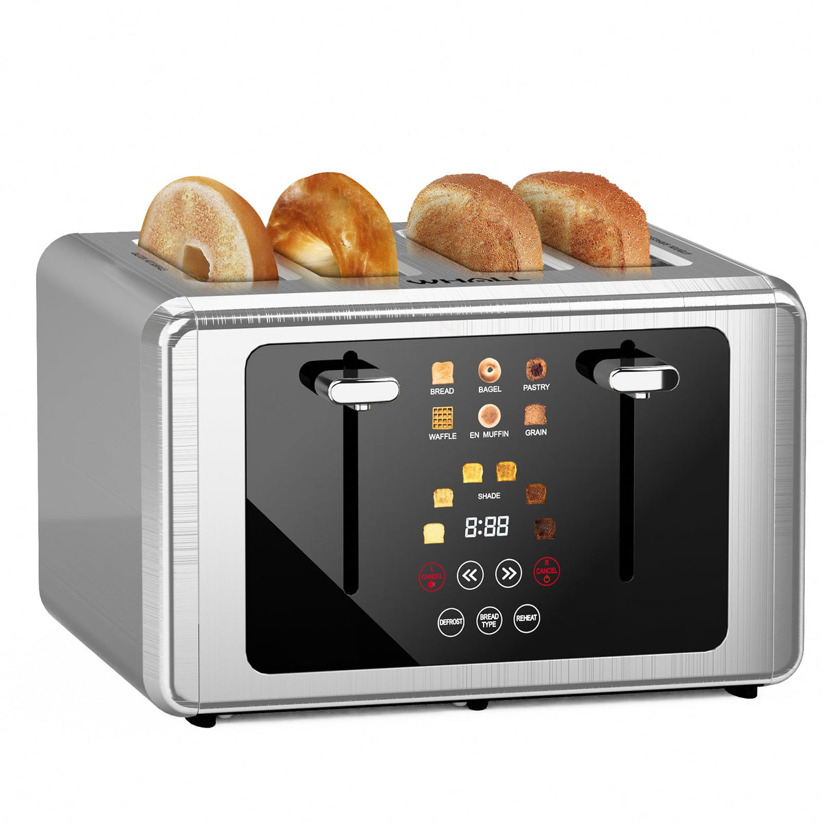 WHALL 4-Slice Stainless Steel Touchscreen Toaster, 6 Shade Settings, Bagel/Defrost, Dual Controls & Digital Timer
