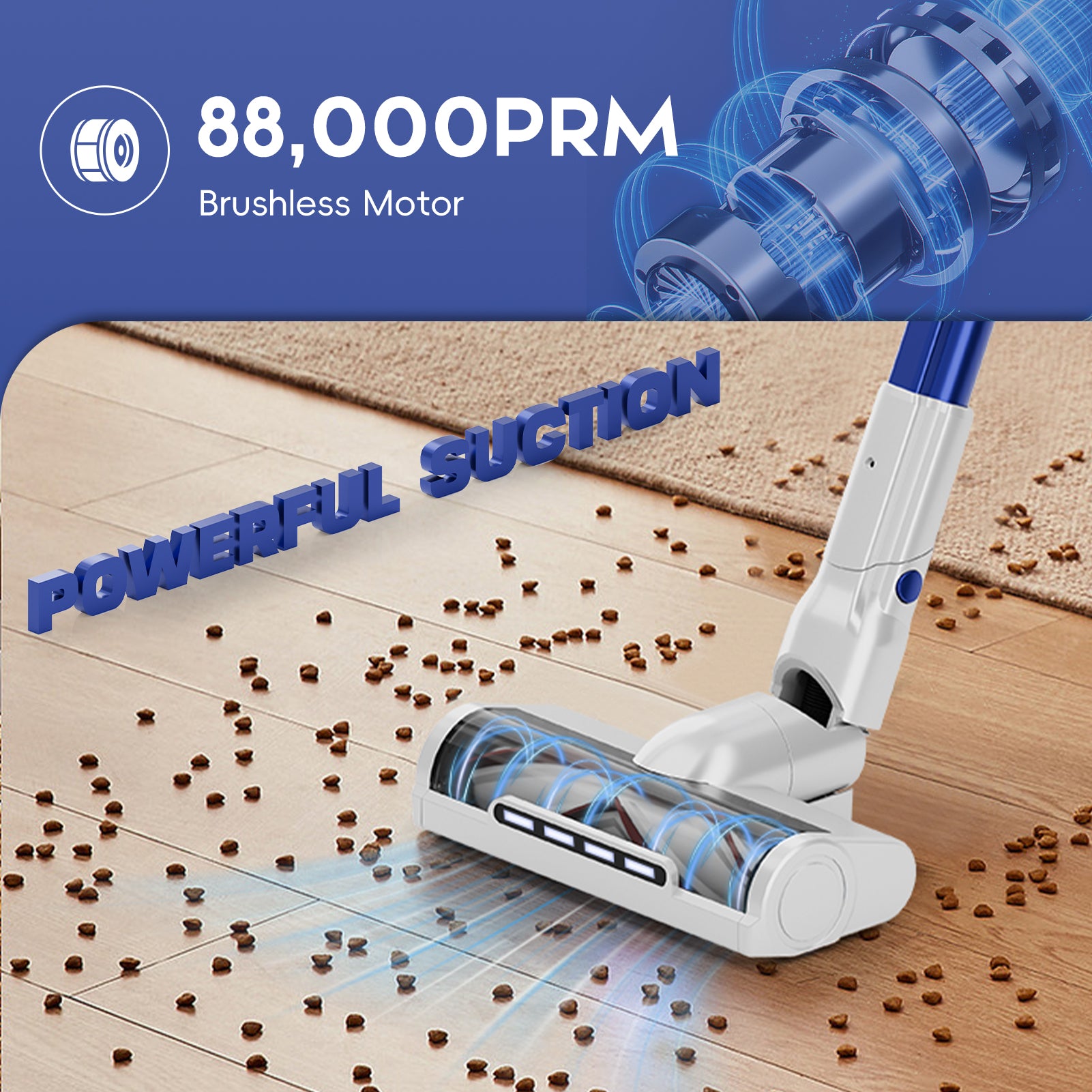 whall Cordless Vacuum Cleaner, Lightweight Stick Vacuum with 55mins Runtime, Powerful Suction, Rechargeable Cordless Vacuum for Carpet, Pet Hair, Blue
