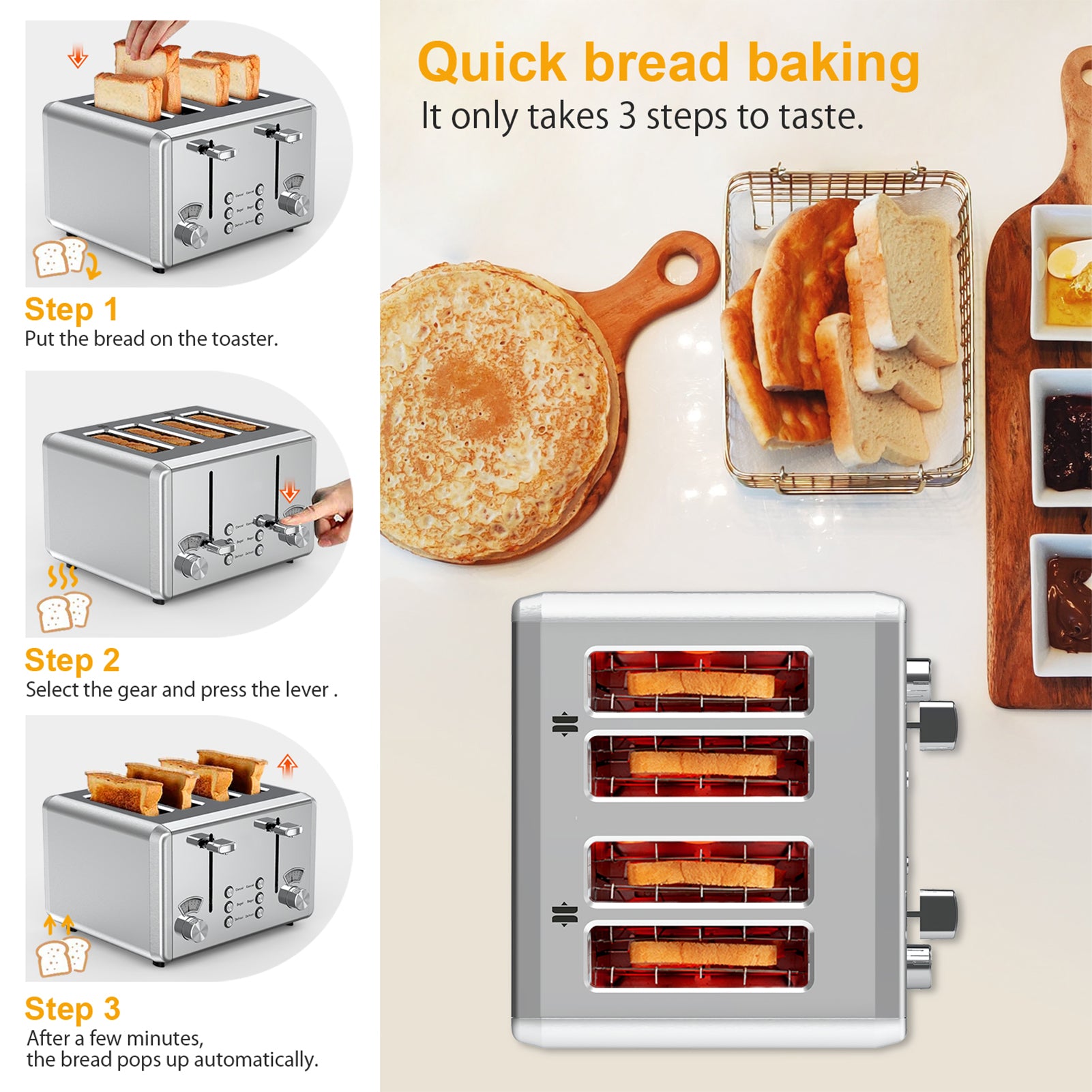 WHALL 4 Slice Toaster - Stainless Steel Bagel Toaster with Dual Control Panels, Wide Slot, 6 Shade Settings, Removable Crumb Tray