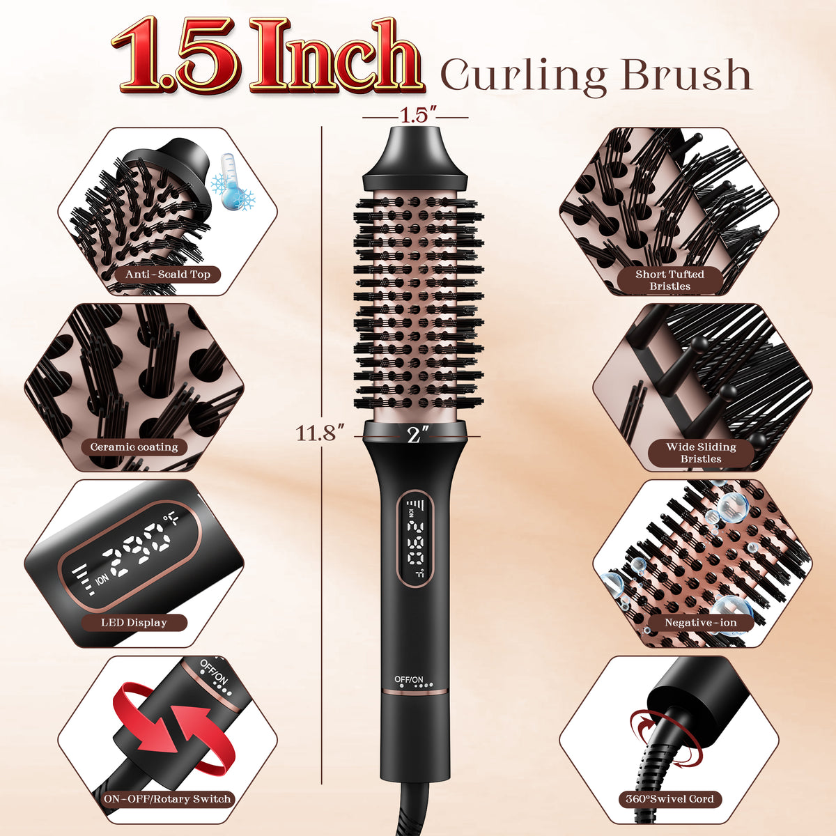 SKIMI Thermal Brush, Curling Iron, 1.5 inch Electric Curl Wand, Negative Ion Technology Reduce Hair Damage, Heated Round Brush, Travel and Home
