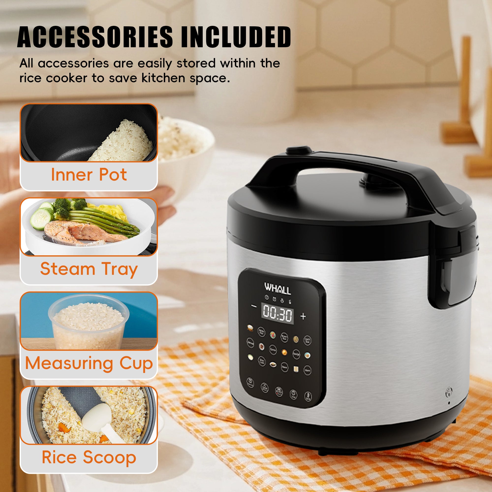 WHALL Digital Rice Cooker – 10-Cup Uncooked / 20-Cup Cooked Capacity, Multi-Function Steamer, Slow Cooker, Oatmeal Setting, Auto Keep Warm Feature, 5 Qt, Stainless Steel New