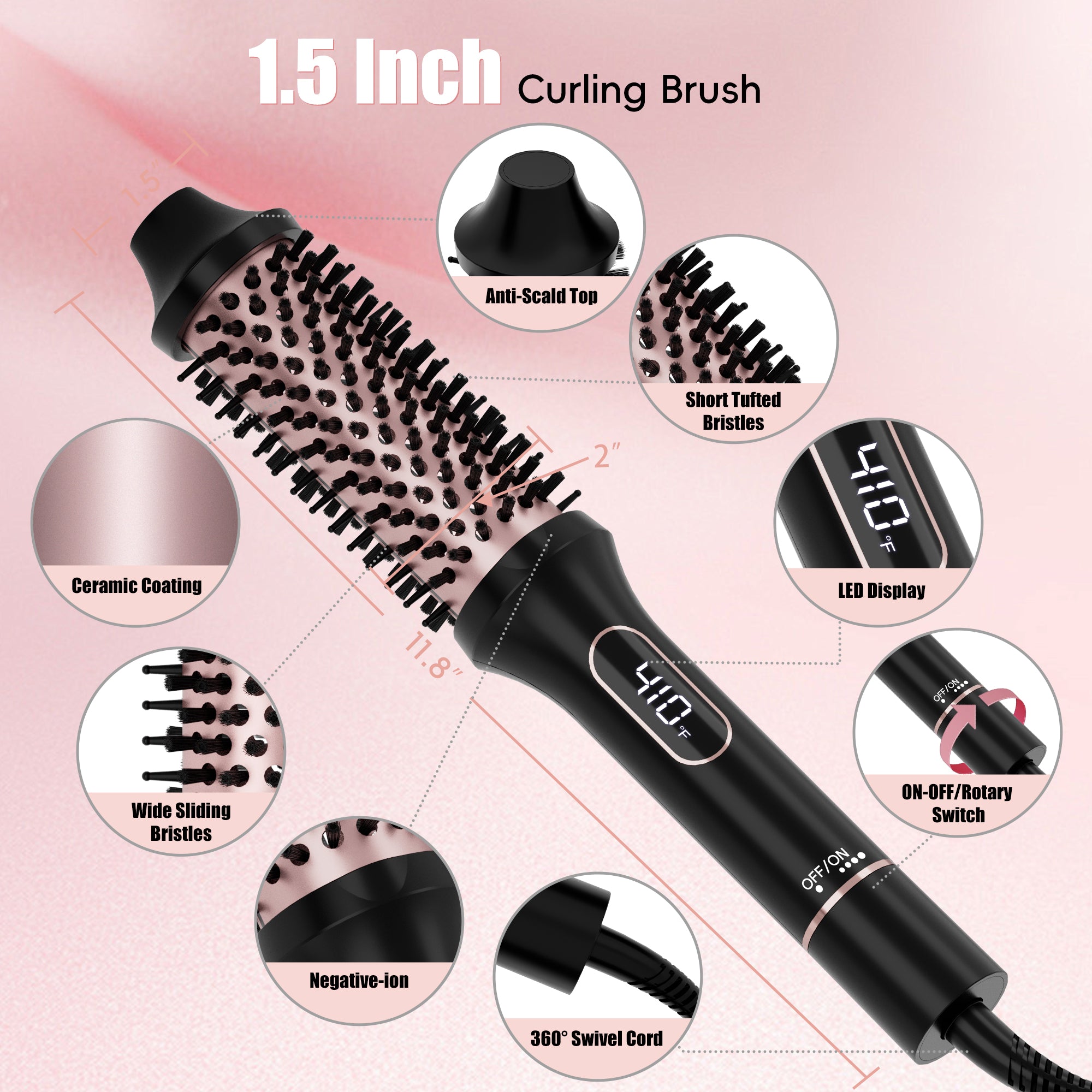 SKIMI Thermal Brush, Heated Round Brush,Curling Iron, Electric Curl Wand Anti-Scald Nylon Bristles, 1.5 Inch Detachable Ion Ceramic Heated Round Brush