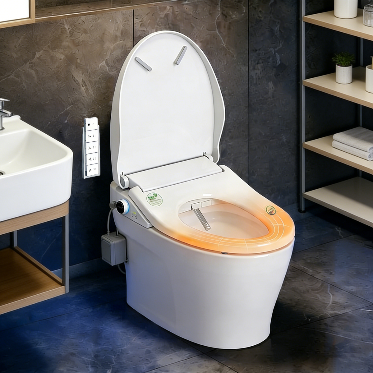 WHALL Smart Bidet Toilet Seat w/ Remote Control, Retractable Dual Nozzles, Adjustable Pressure, Heated Seat & Warm Water