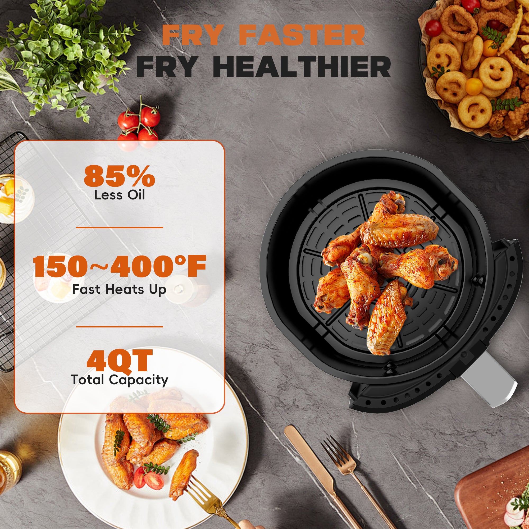 WHALL 4QT Air Fryer Oven, 8-in-1 Preset Menus, LED Smart Touchscreen, Reduce 85% Fat,1200W