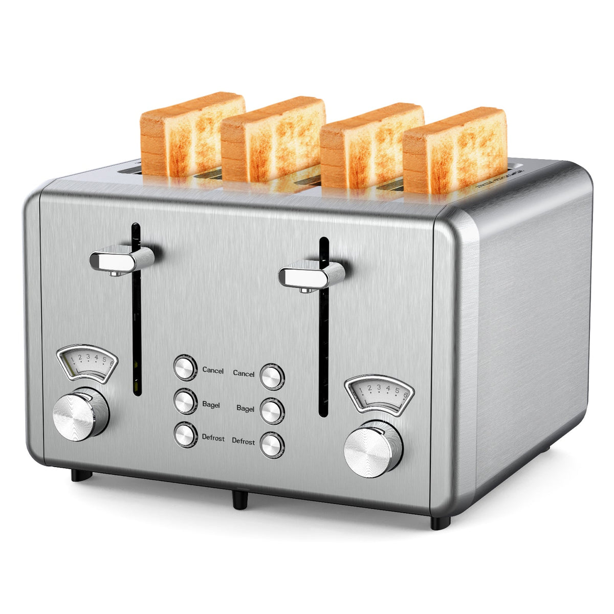 WHALL 4 Slice Stainless Steel Toaster Dual Control Panels 6 Toast Shade Settings Bagel Defrost Cancel Function Extra Wide Slots Removable Crumb Tray for Bread Bagels Waffles Household Breakfast Toaster