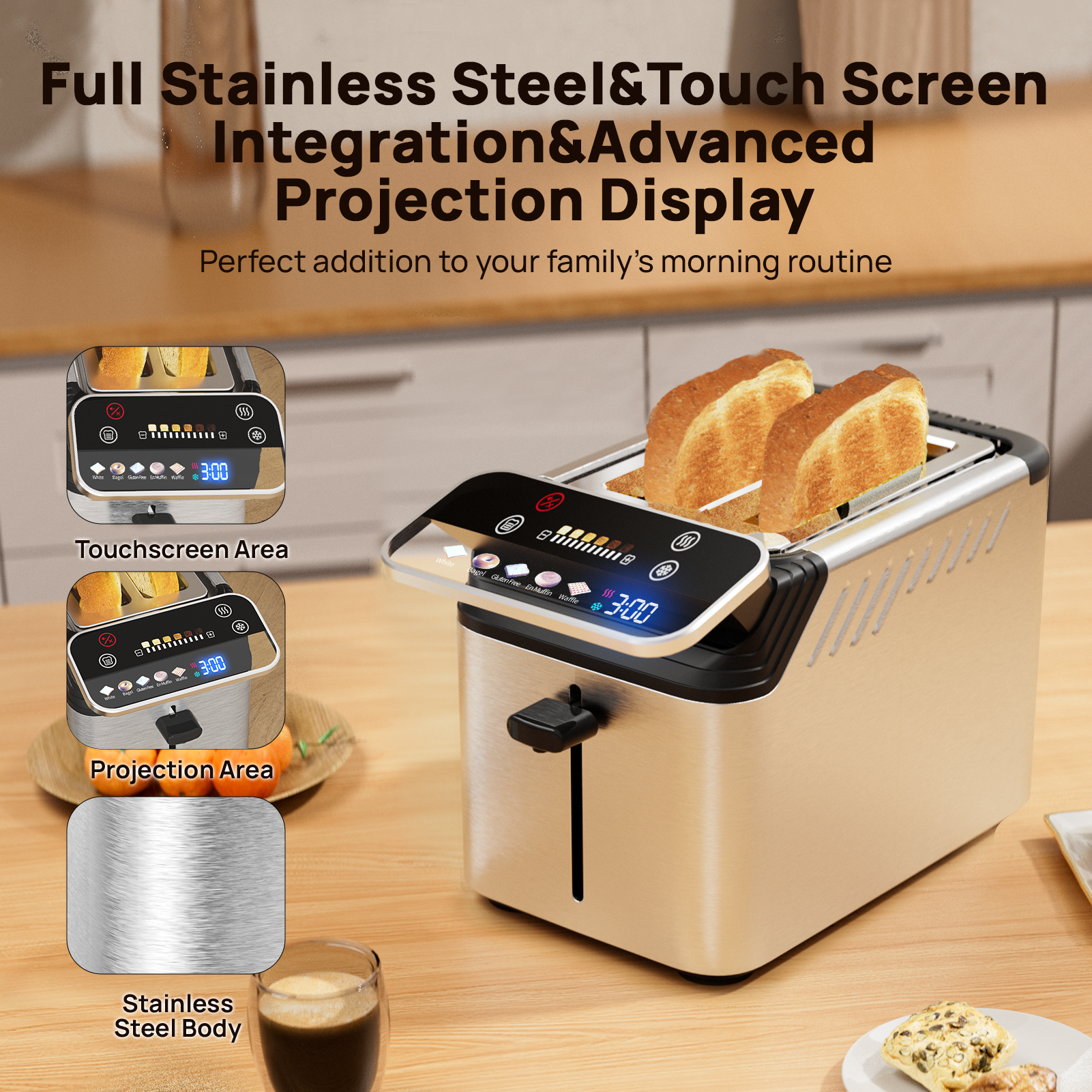 WHALL 2 Slice Toaster, Touch Screen Toasters with Projection Display, wide slots, Bagle / Reheat/Defrost Stainless Steel