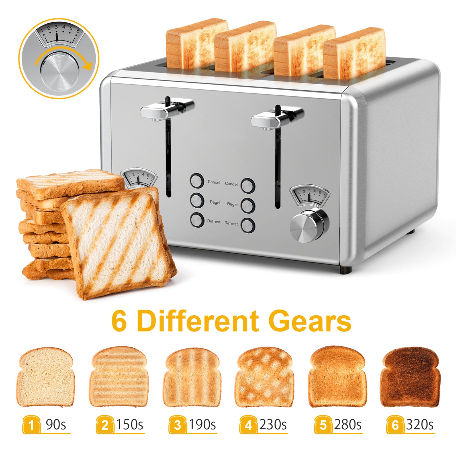 WHALL 4 Slice Toaster - Stainless Steel Bagel Toaster with Dual Control Panels, Wide Slot, 6 Shade Settings, Removable Crumb Tray
